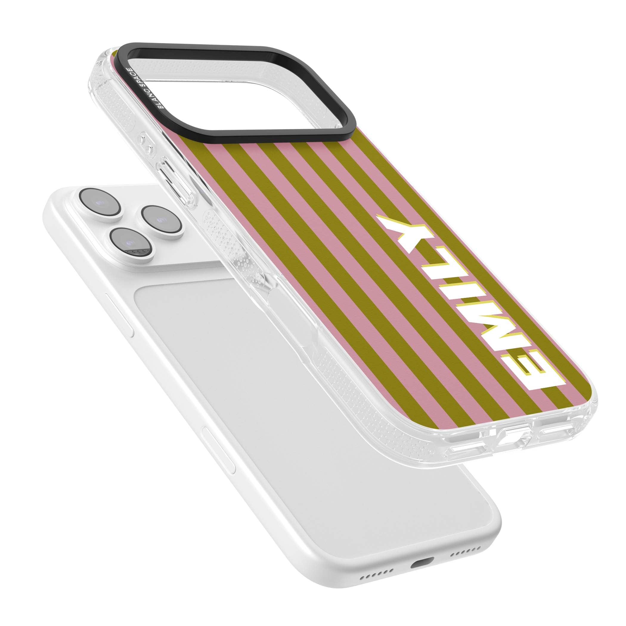Istanbul Stripe personalised iPhone case featuring pink and olive green vertical stripes with a custom vertical name | Clear Case Impact Air case for iPhone 17 Pro, iPhone 17 Pro Max