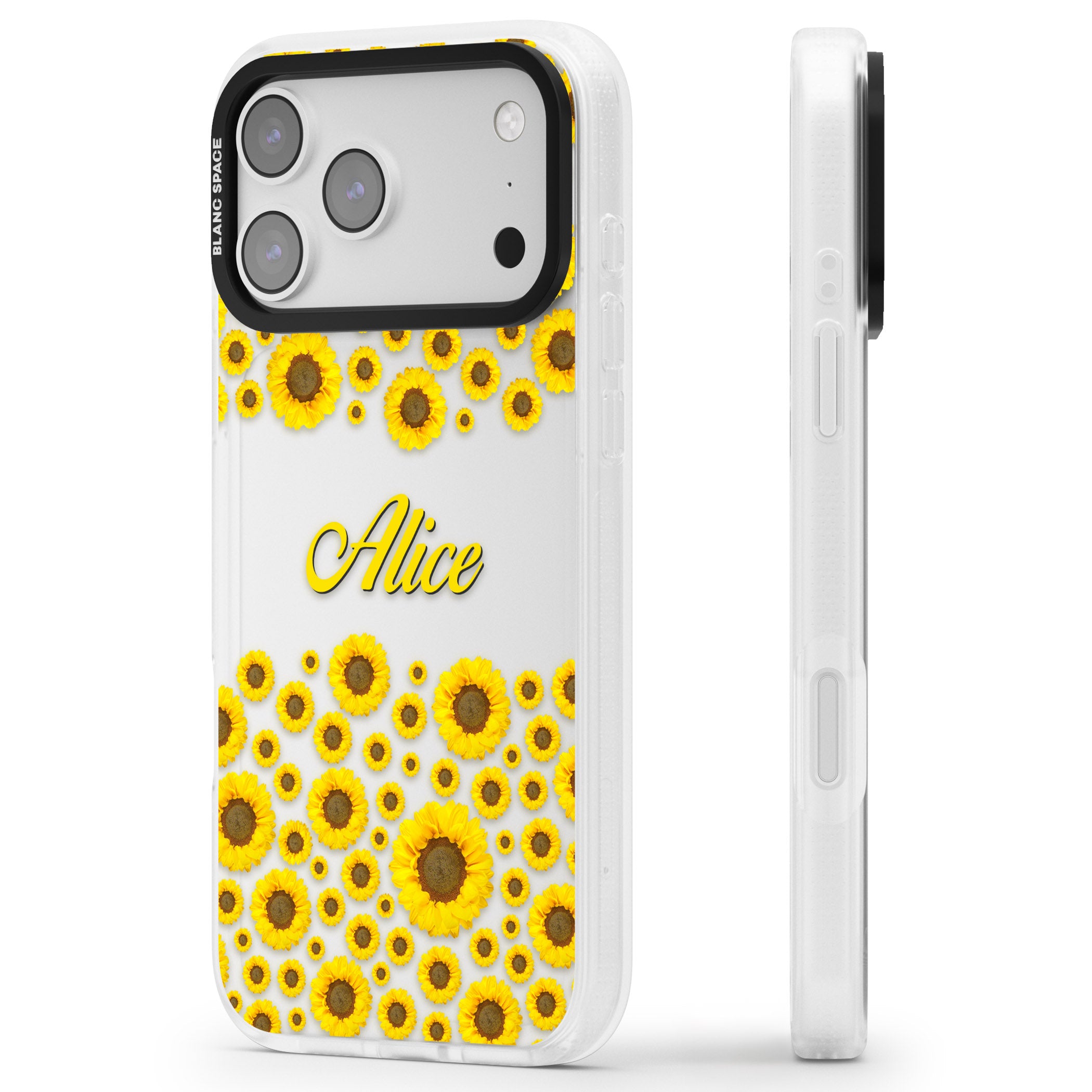 Personalised Sunflowers iPhone 17 Pro Max Impact Air Clear Phone Case Side Profile