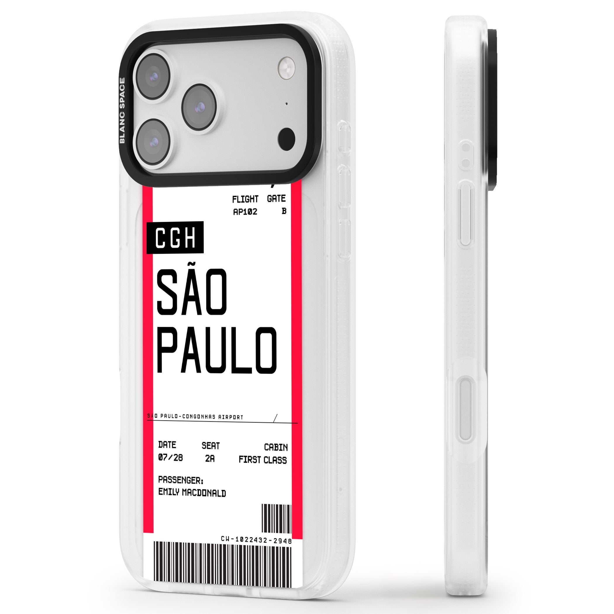 Personalised São Paulo Boarding Pass iPhone 17 Pro Impact Air Clear Phone Case Side Profile