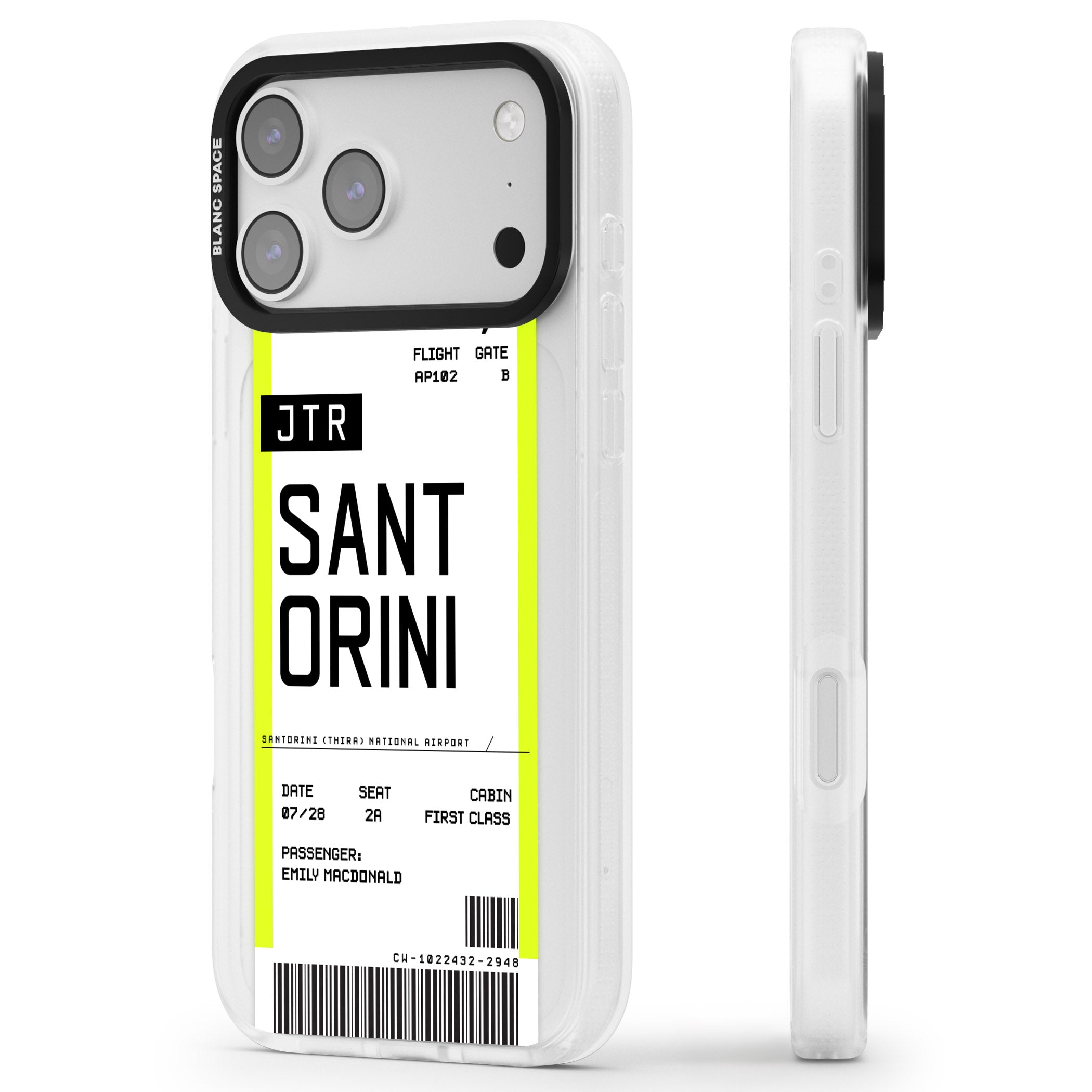 Personalised Santorini Boarding Pass iPhone 17 Pro Impact Air Clear Phone Case Side Profile