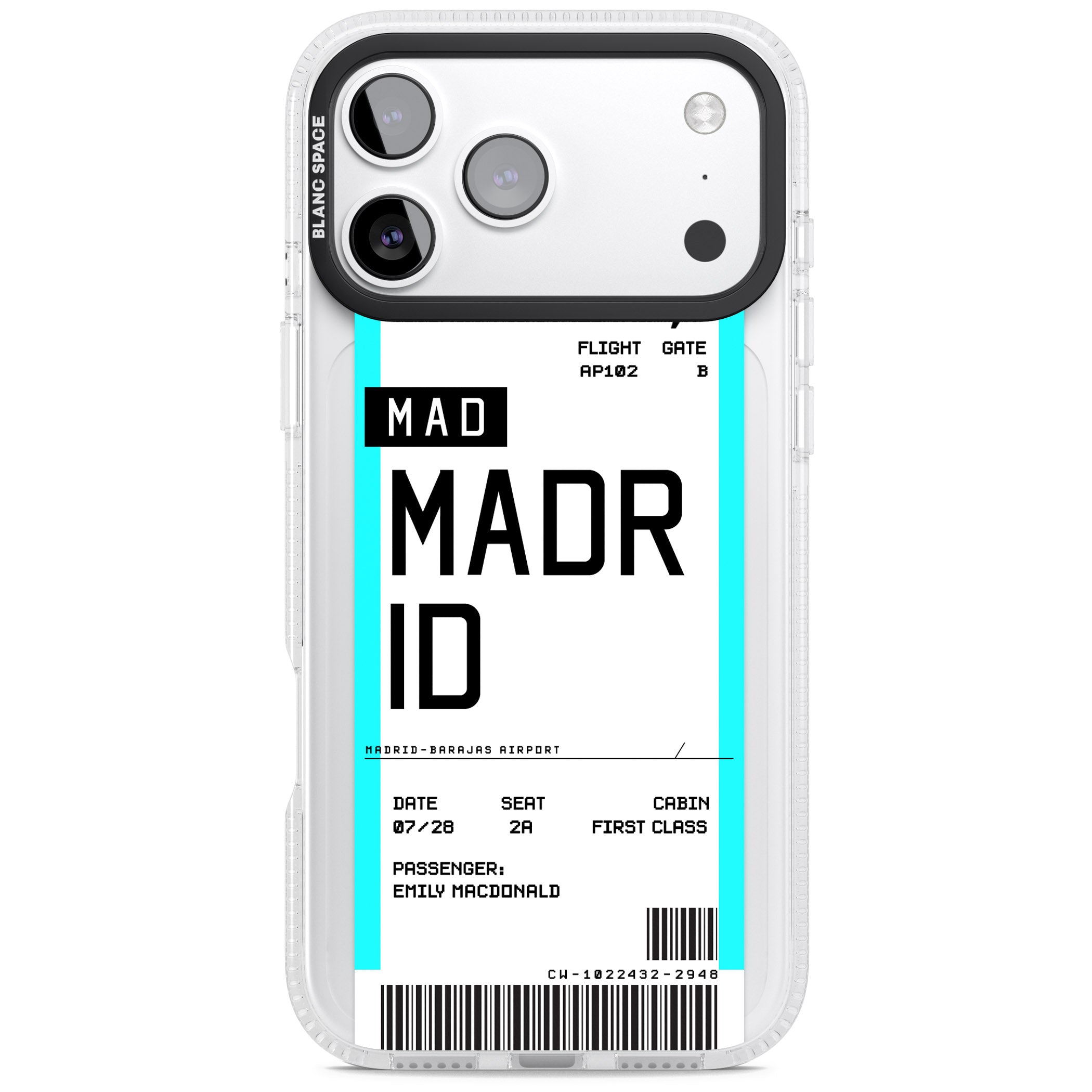 Personalised Madrid Boarding Pass iPhone 17 Pro Impact Air Clear Phone Case