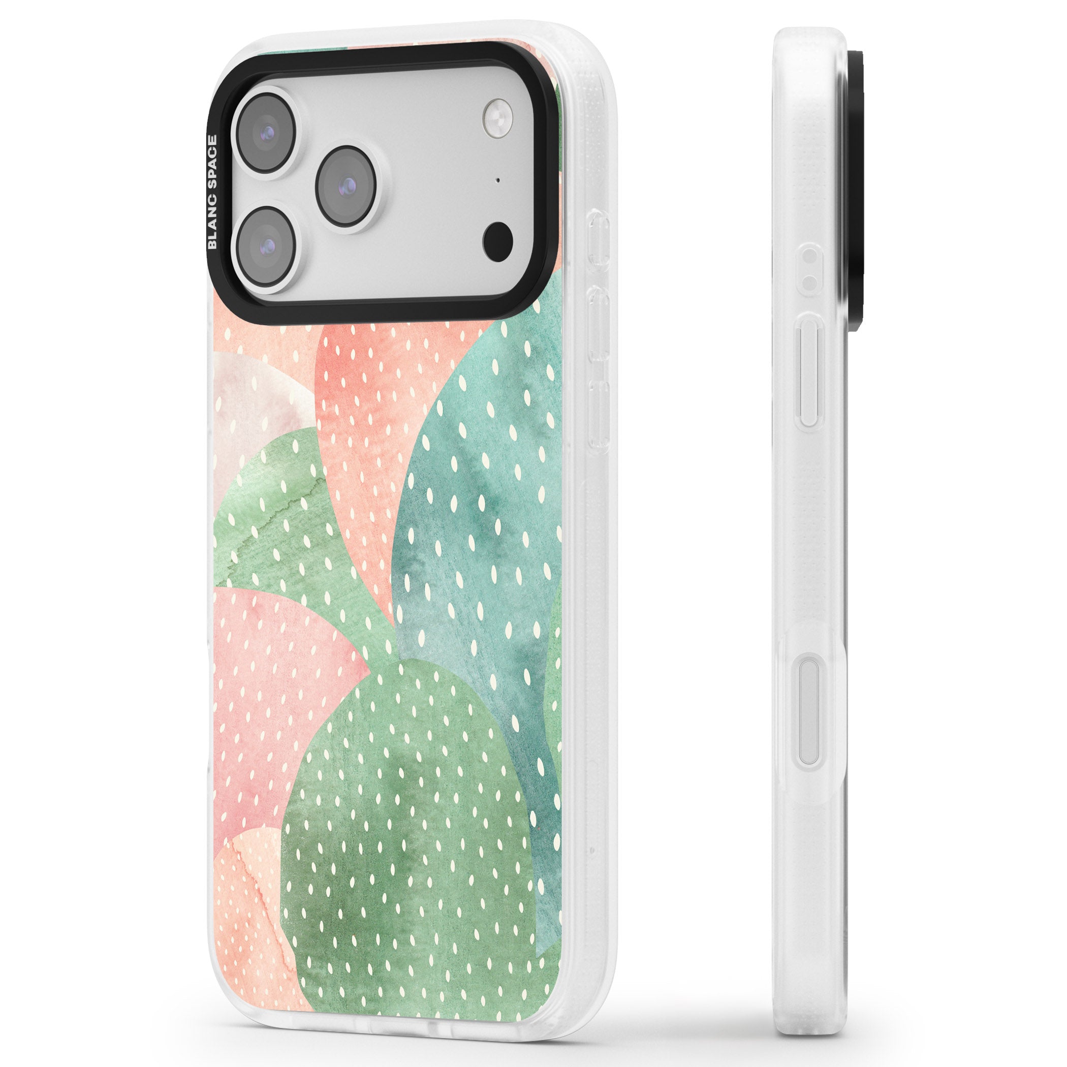 Pastel Cacti Pattern iPhone 17 Pro Impact Air Clear Phone Case Side Profile
