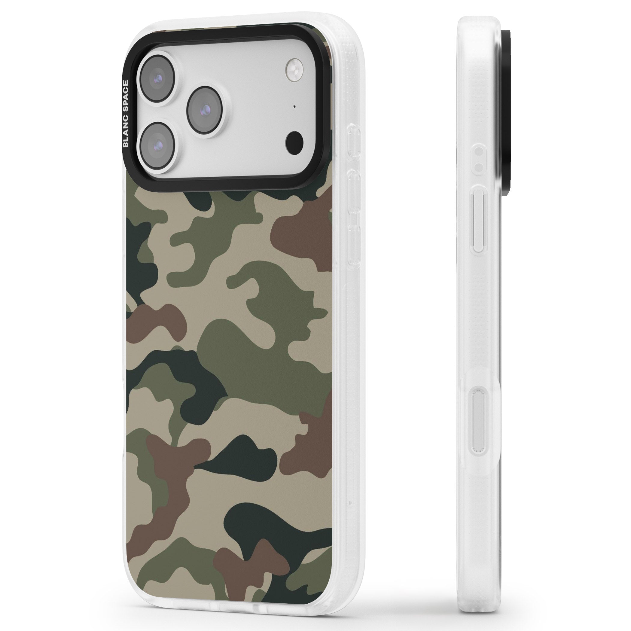 Woodland British Camo iPhone 17 Pro Impact Air Clear Phone Case Side Profile