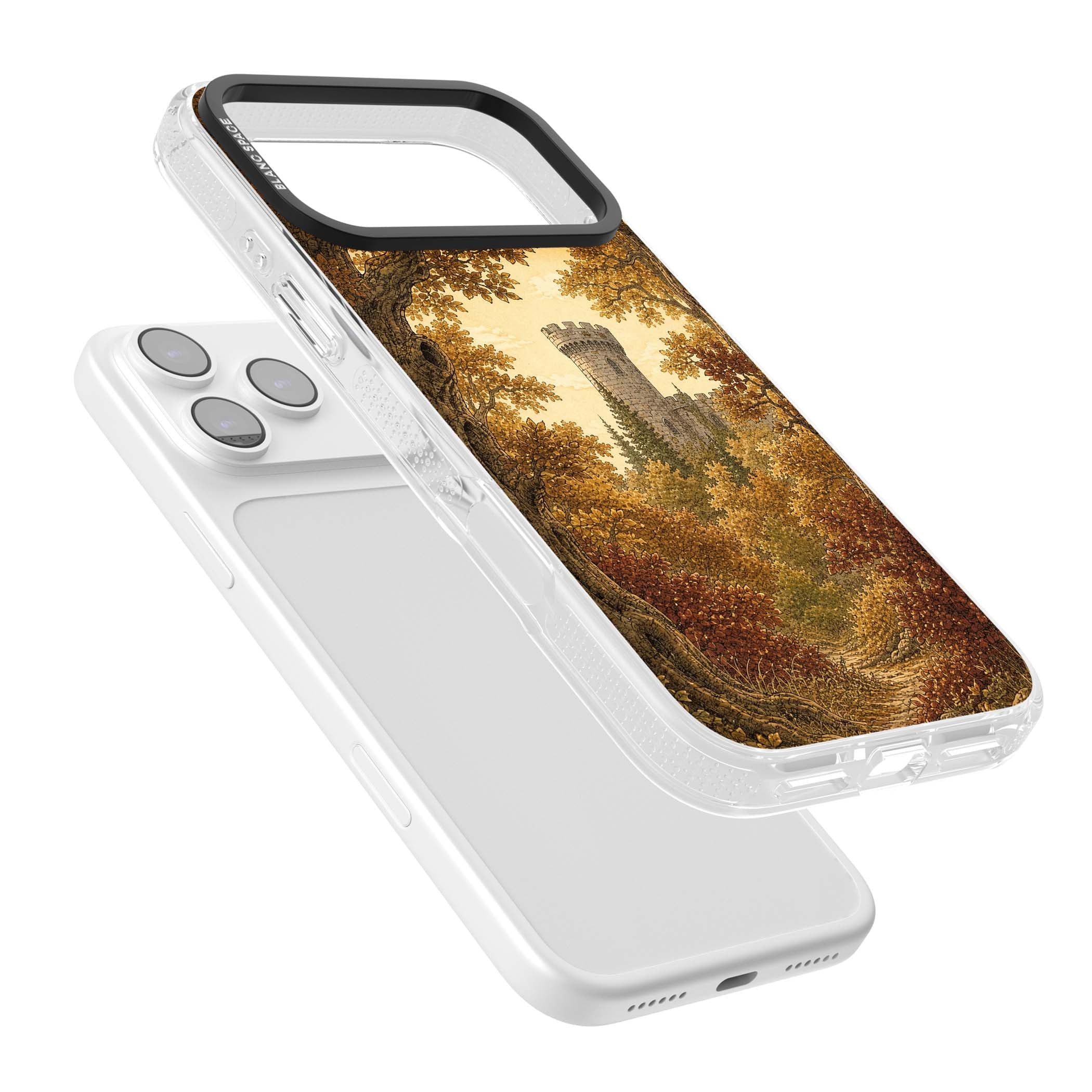 Autumn Keep cottagecore iPhone case featuring a medieval castle tower framed by golden autumn trees and woodland foliage | Clear Case Impact Air case for iPhone 17 Pro, iPhone 17 Pro Max