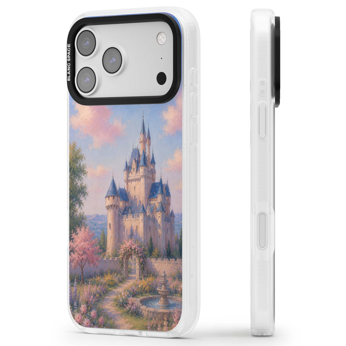 Enchanted Kingdom fairytale iPhone case featuring a romantic castle painting with cherry blossoms and pastel pink sky | Clear Case Impact Air case for iPhone 17 Pro, iPhone 17 Pro Max