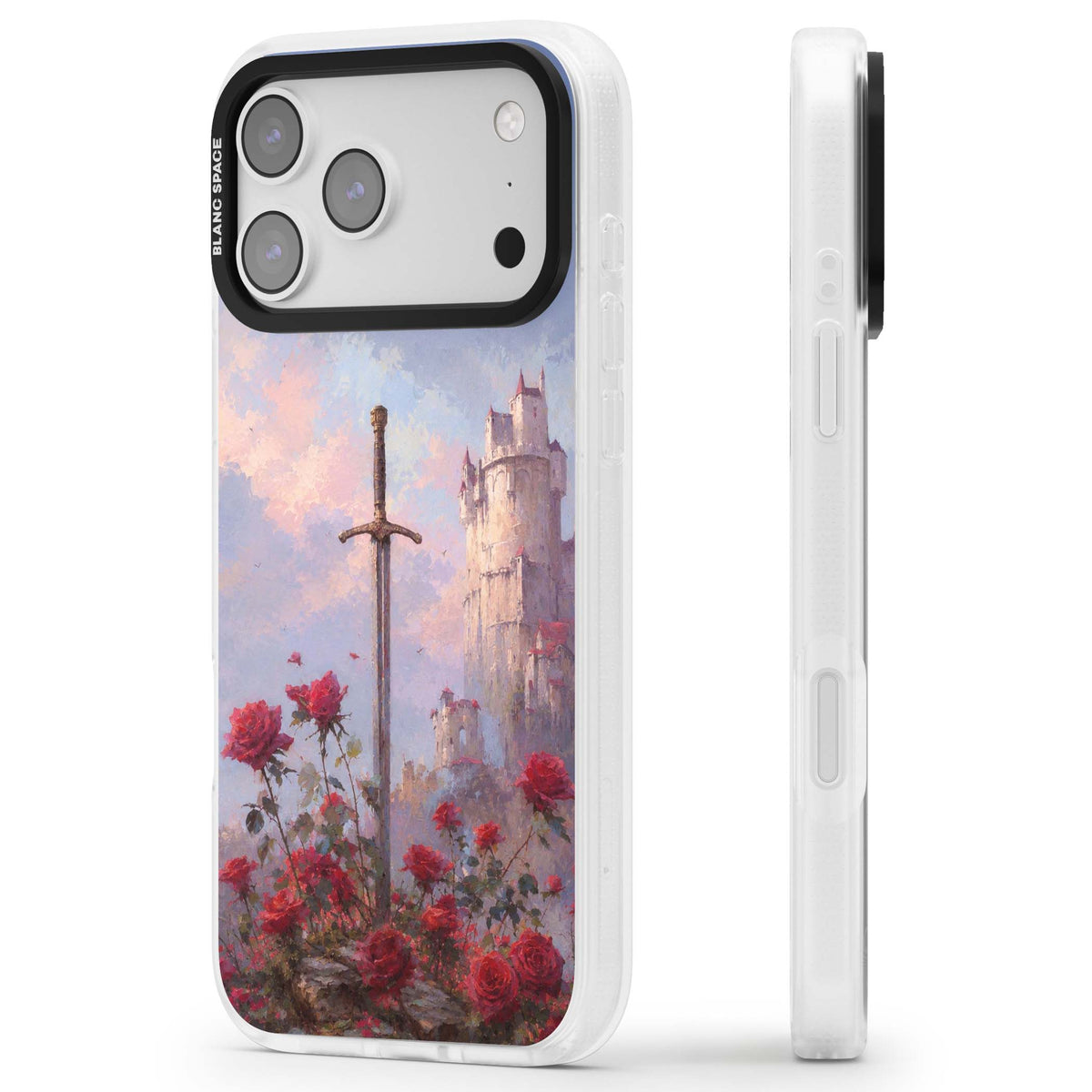 Sword in Roses medieval art iPhone case featuring a sword, red roses, and a misty fairytale castle at sunset | Clear Case Impact Air case for iPhone 17 Pro, iPhone 17 Pro Max