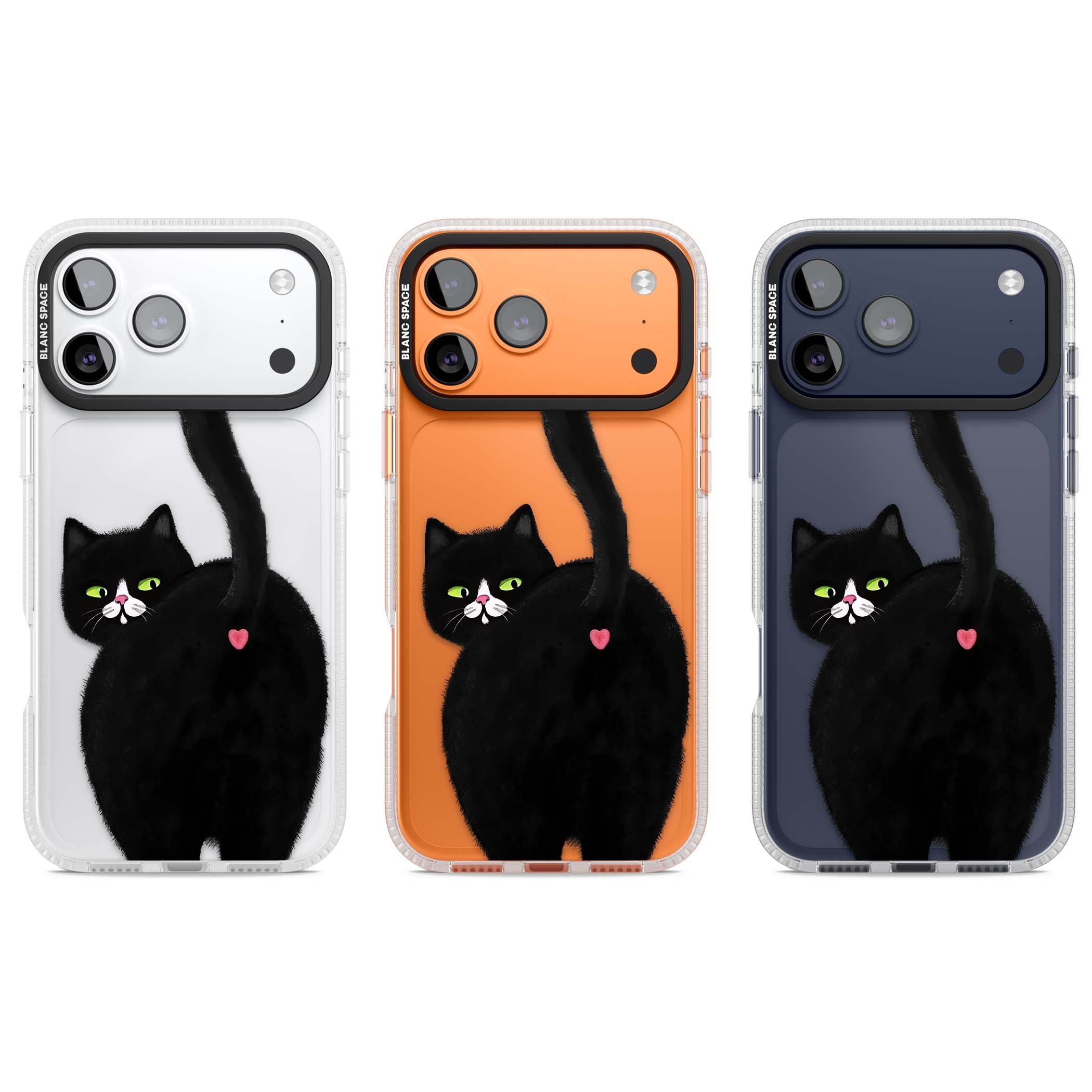 The Cat's Kiss cute cat iPhone case featuring a hand-painted tuxedo kitty with green eyes and a pink heart on a clear  | Clear Case Impact Air case for iPhone 17 Pro, iPhone 17 Pro Max