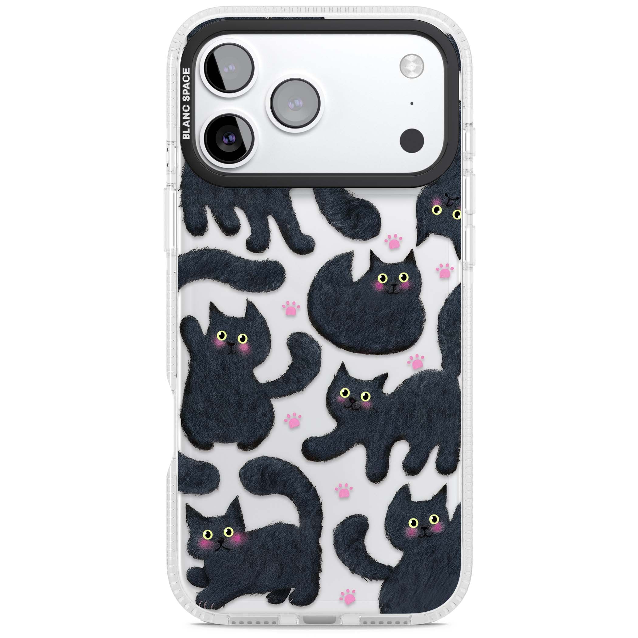 Midnight Cats cute iPhone case featuring black cat pattern with yellow eyes and pink paw prints | Clear Case Impact Air case for iPhone 17 Pro, iPhone 17 Pro Max