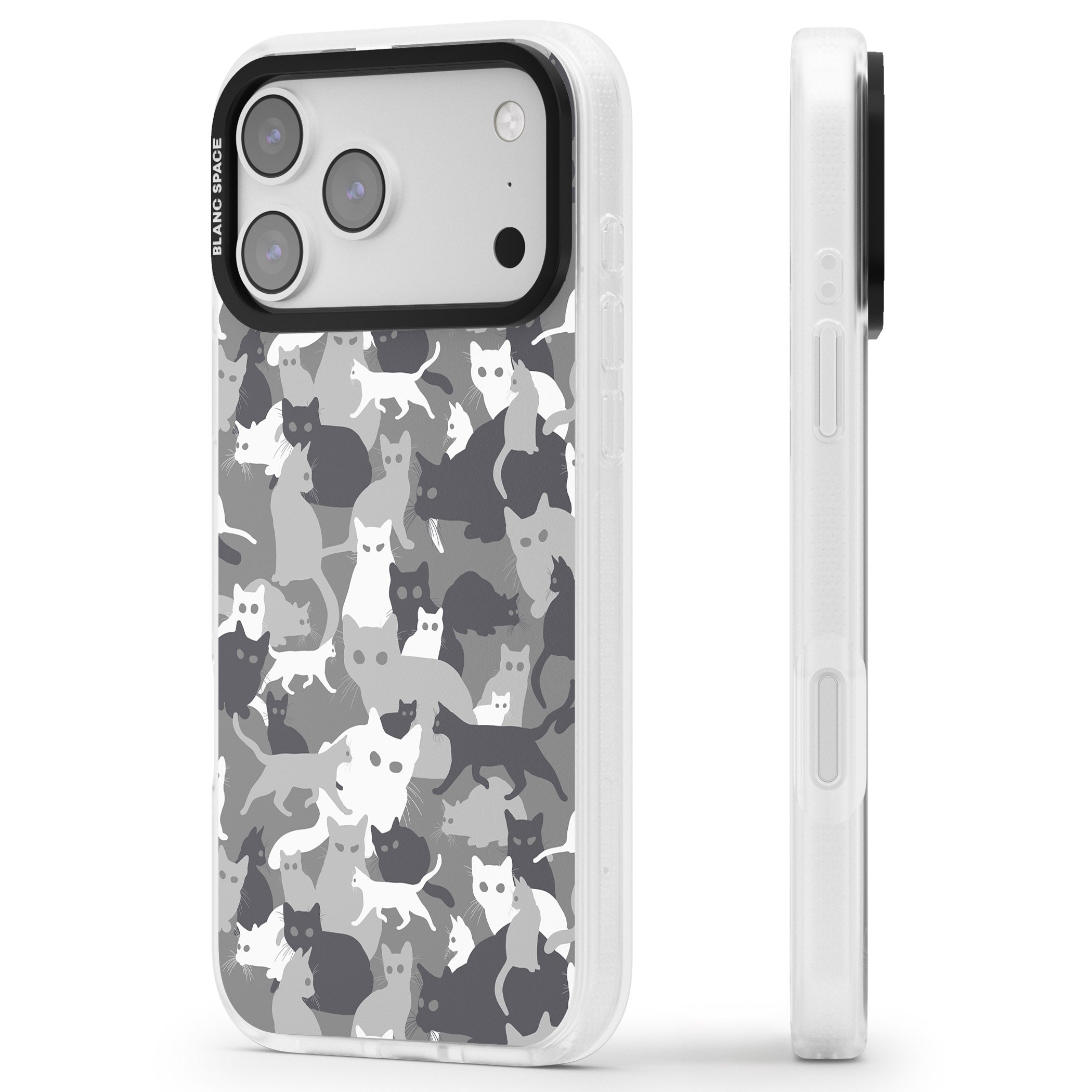 Dark Grey Cat Camouflage iPhone 17 Pro Impact Air Clear Phone Case Side Profile