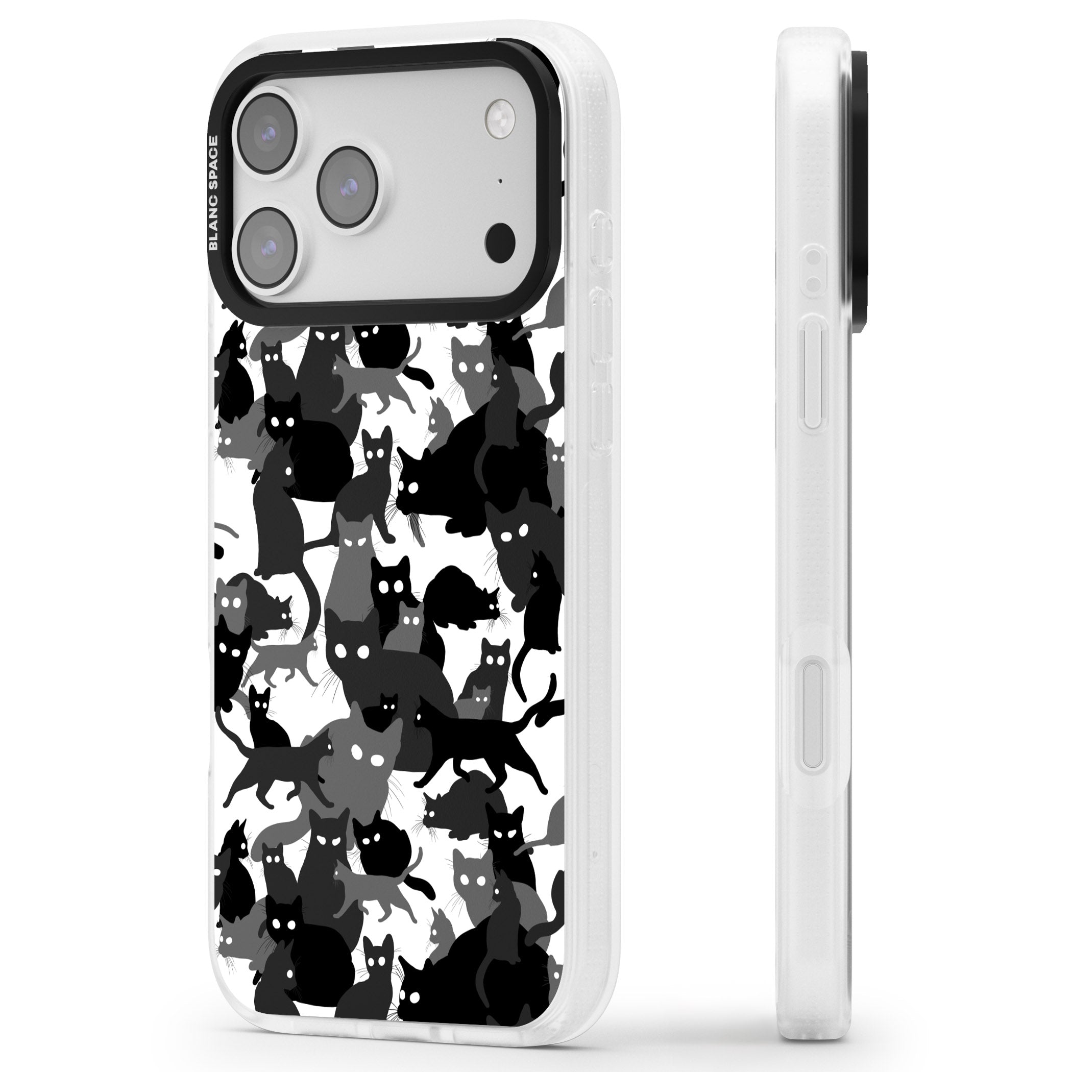 Black & White Cat Camouflage iPhone 17 Pro Impact Air Clear Phone Case Side Profile
