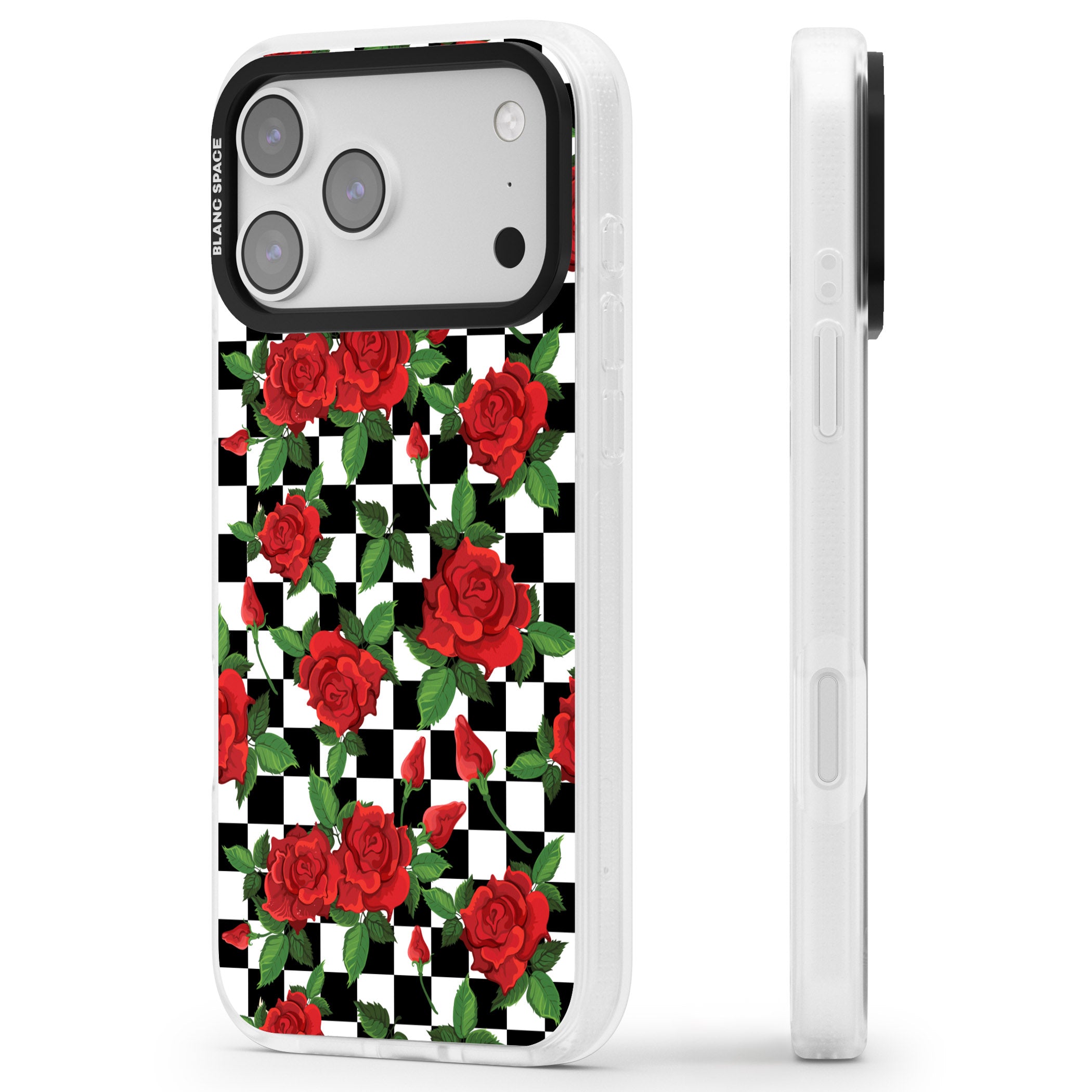 Checkered Roses iPhone 17 Pro Impact Air Clear Phone Case Side Profile