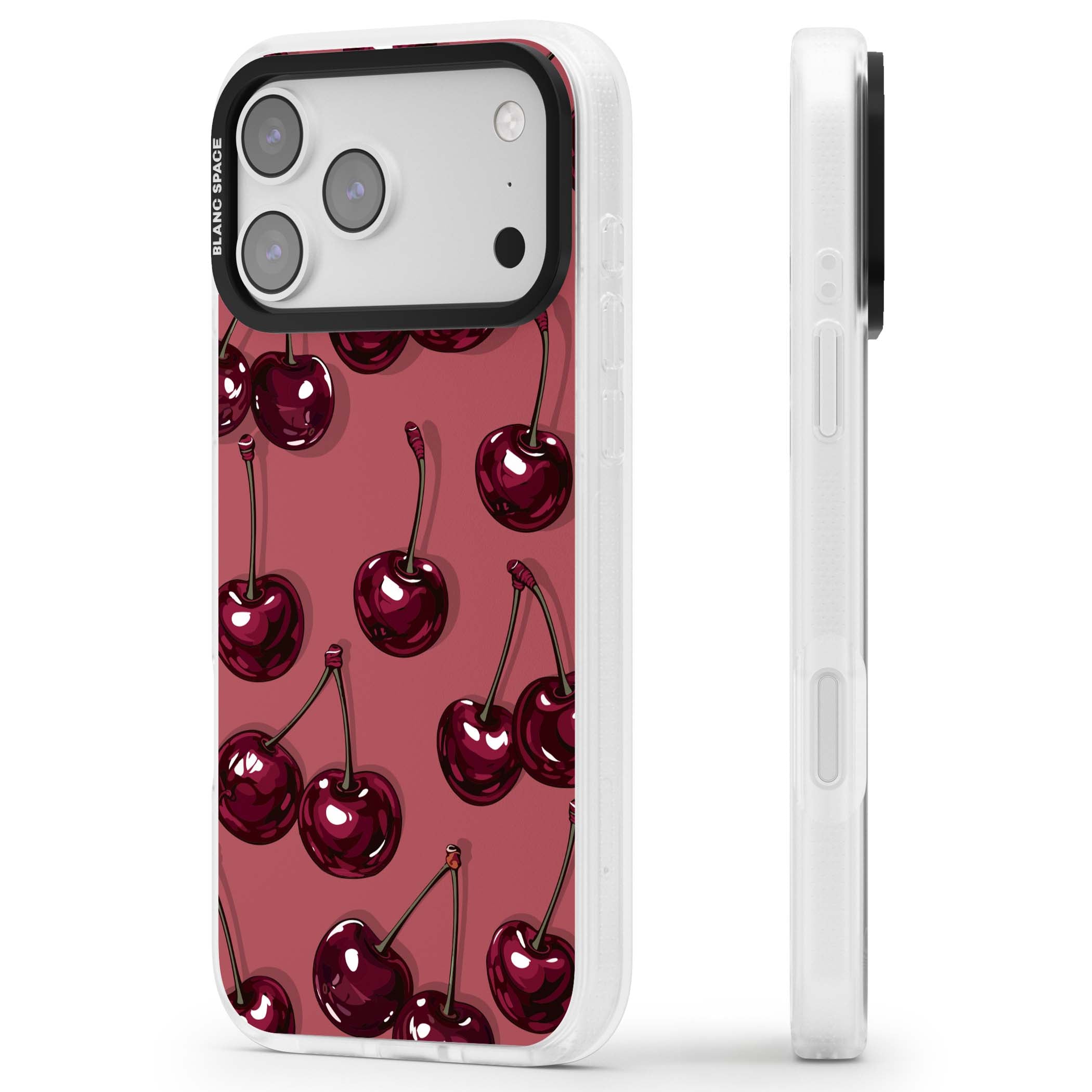 Cherry Rebel coquette iPhone case featuring glossy burgundy cherries on a dusty rose background | Clear Case Impact Air case for iPhone 17 Pro, iPhone 17 Pro Max