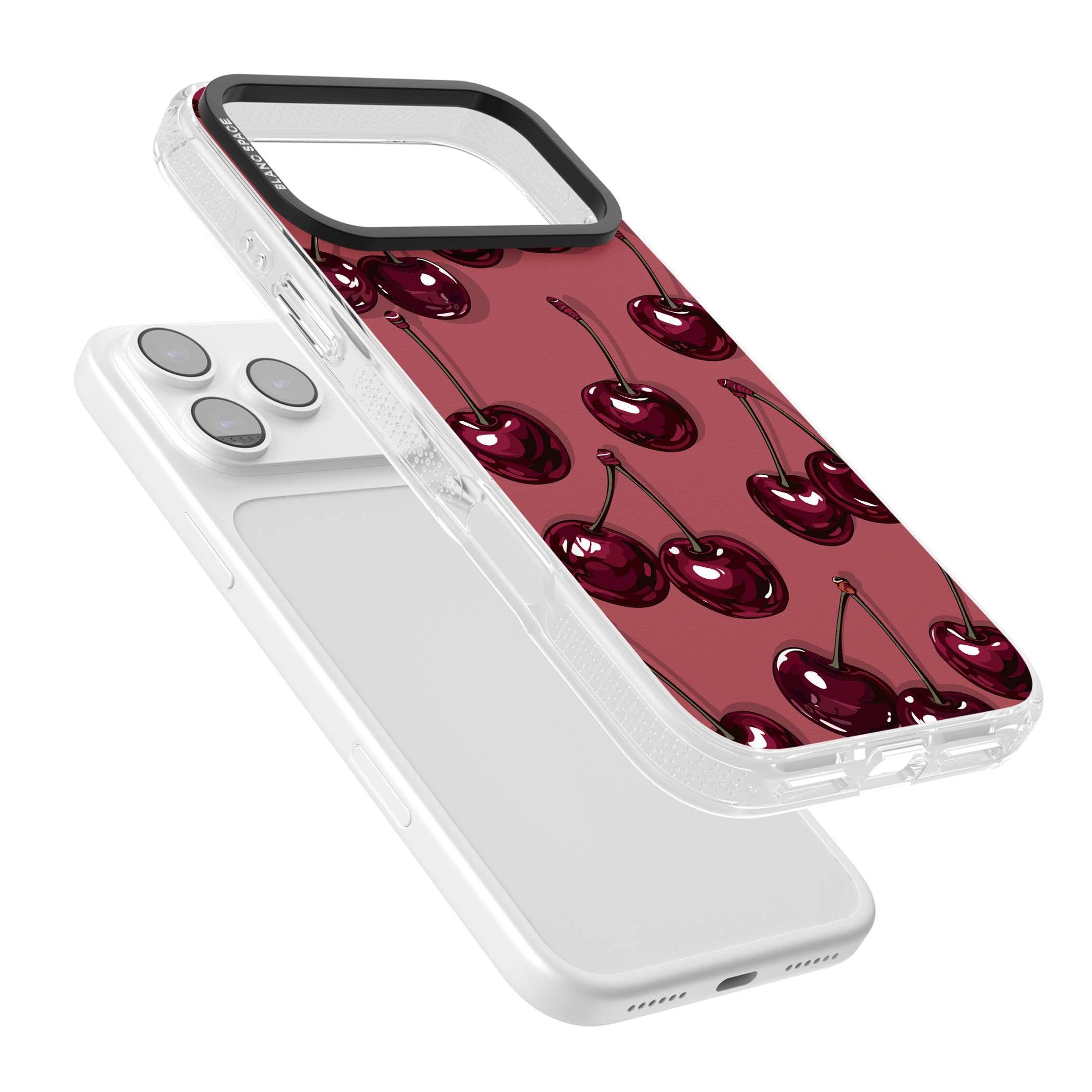 Cherry Rebel coquette iPhone case featuring glossy burgundy cherries on a dusty rose background | Clear Case Impact Air case for iPhone 17 Pro, iPhone 17 Pro Max