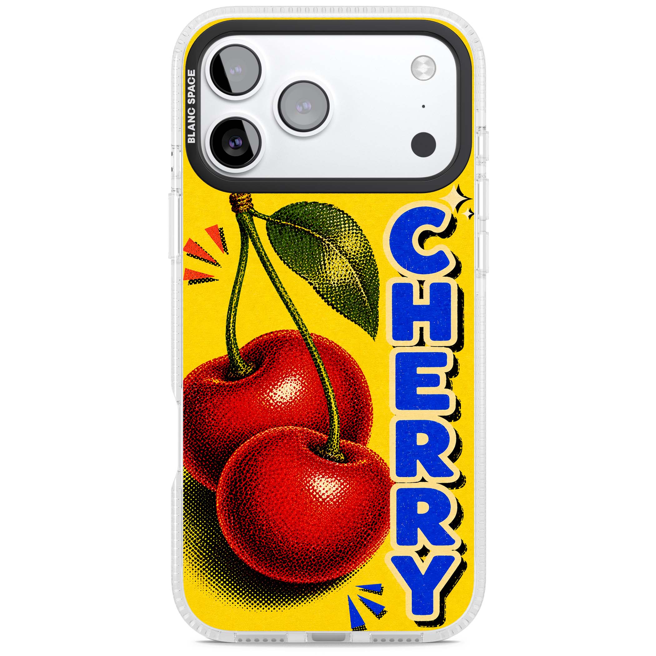 Cherry Yellow y2k iPhone case featuring two red cherries, halftone shading and bold blue CHERRY lettering on yellow | Clear Case Impact Air case for iPhone 17 Pro, iPhone 17 Pro Max