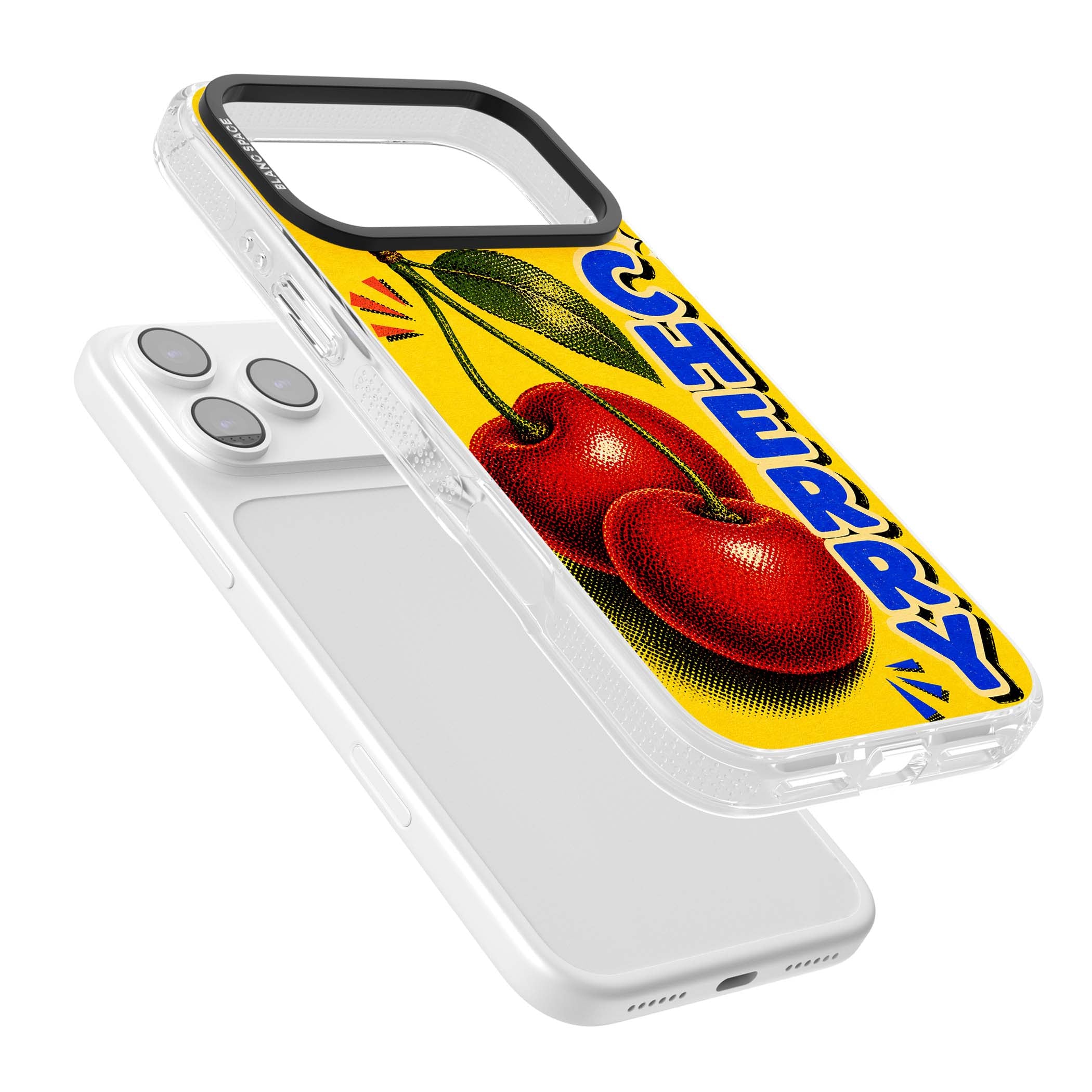 Cherry Yellow y2k iPhone case featuring two red cherries, halftone shading and bold blue CHERRY lettering on yellow | Clear Case Impact Air case for iPhone 17 Pro, iPhone 17 Pro Max