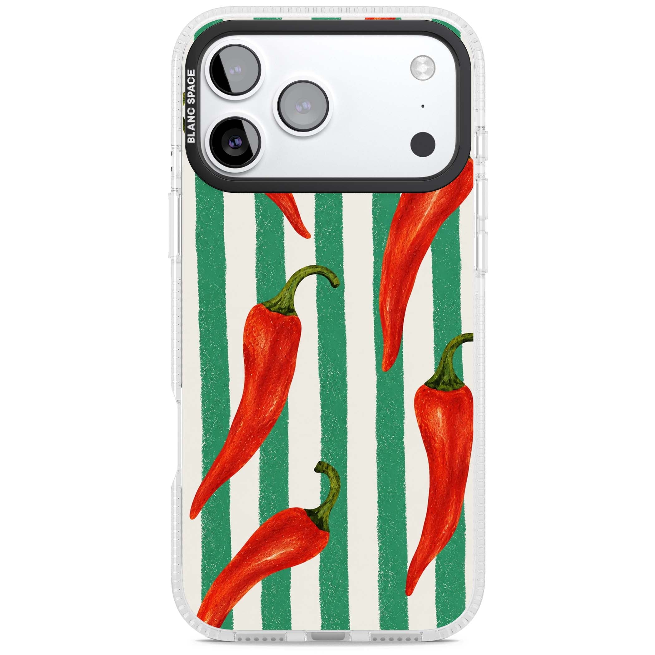 Striped Chillis coastal iPhone case featuring hand-painted red chili peppers on green and cream stripes | Clear Case Impact Air case for iPhone 17 Pro, iPhone 17 Pro Max
