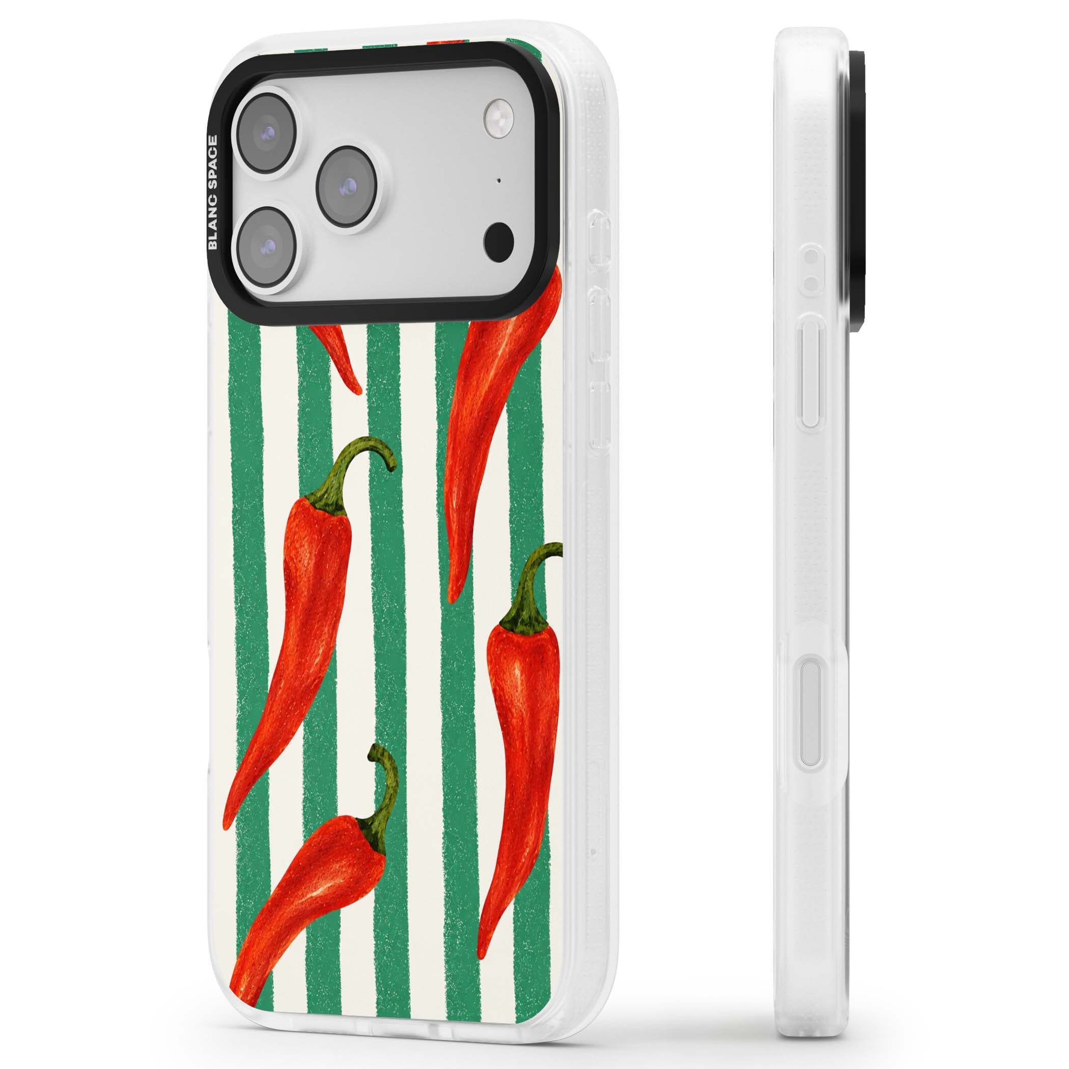 Striped Chillis coastal iPhone case featuring hand-painted red chili peppers on green and cream stripes | Clear Case Impact Air case for iPhone 17 Pro, iPhone 17 Pro Max