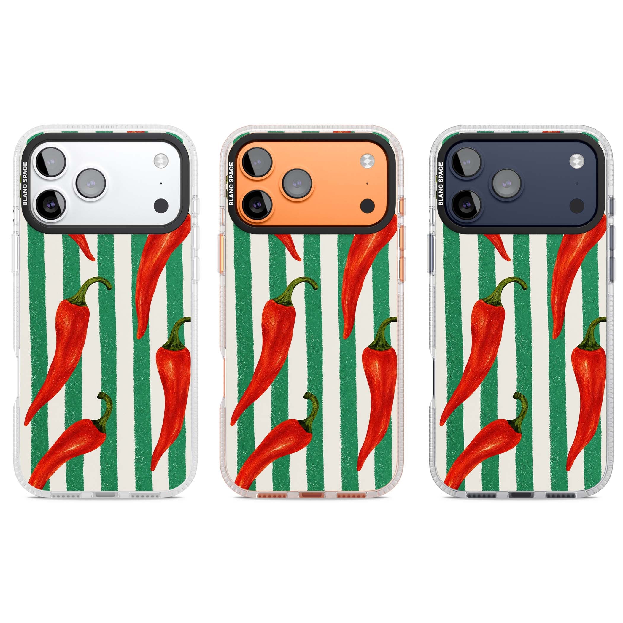 Striped Chillis coastal iPhone case featuring hand-painted red chili peppers on green and cream stripes | Clear Case Impact Air case for iPhone 17 Pro, iPhone 17 Pro Max