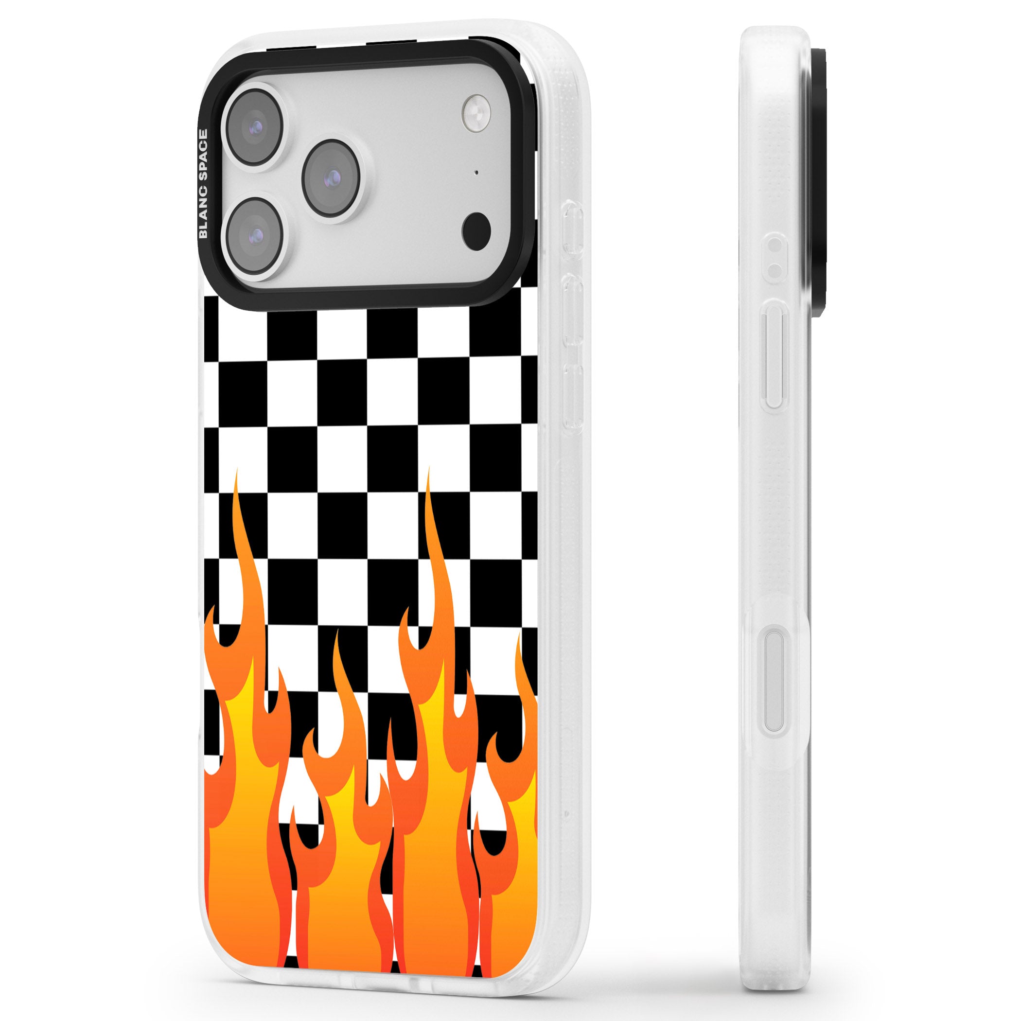 Checkered Fire iPhone 17 Pro Impact Air Clear Phone Case Side Profile