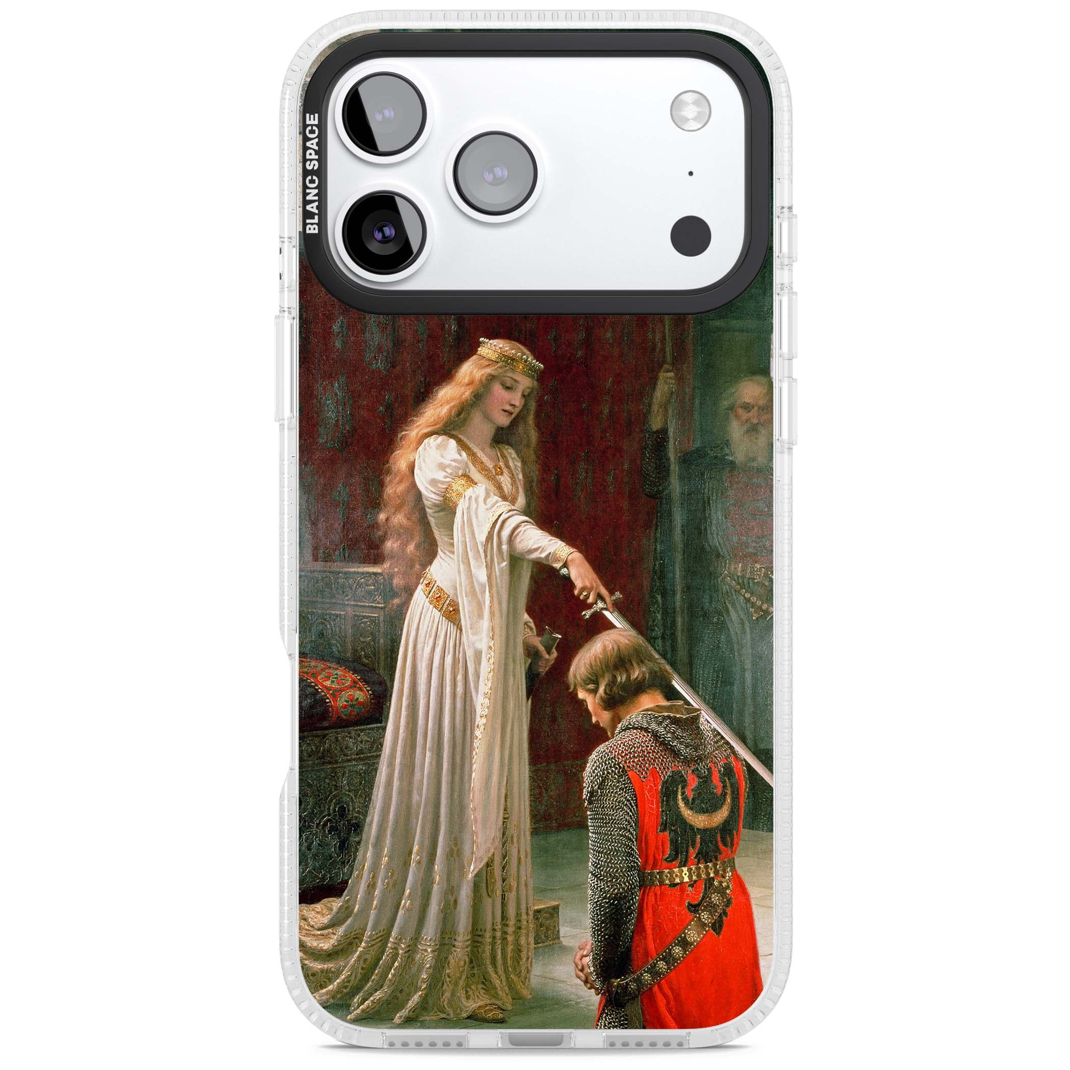 The Accolade renaissance art iPhone case featuring Edmund Blair Leighton's painting of a queen knighting a kneeling knight | Clear Case Impact Air case for iPhone 17 Pro, iPhone 17 Pro Max