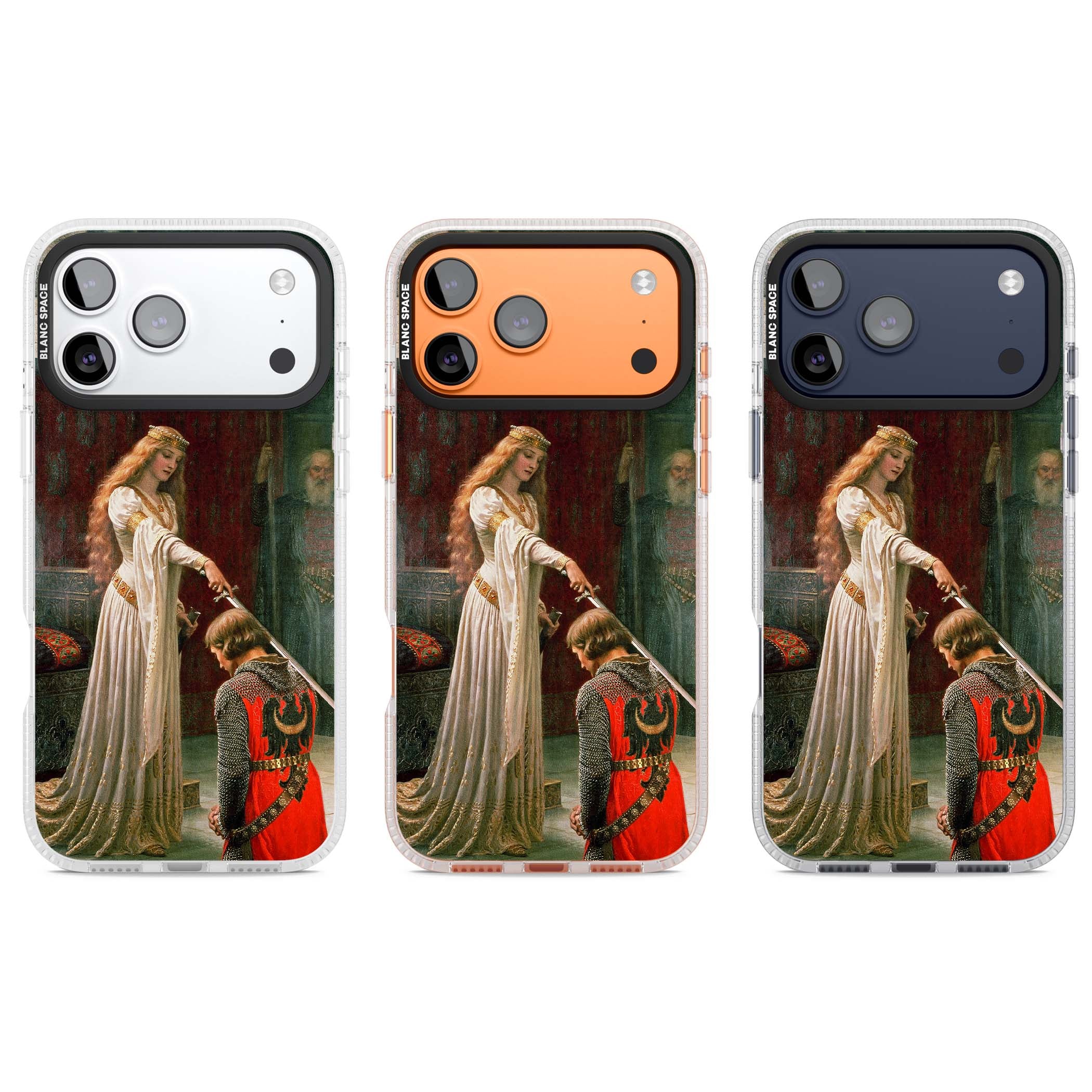 The Accolade renaissance art iPhone case featuring Edmund Blair Leighton's painting of a queen knighting a kneeling knight | Clear Case Impact Air case for iPhone 17 Pro, iPhone 17 Pro Max