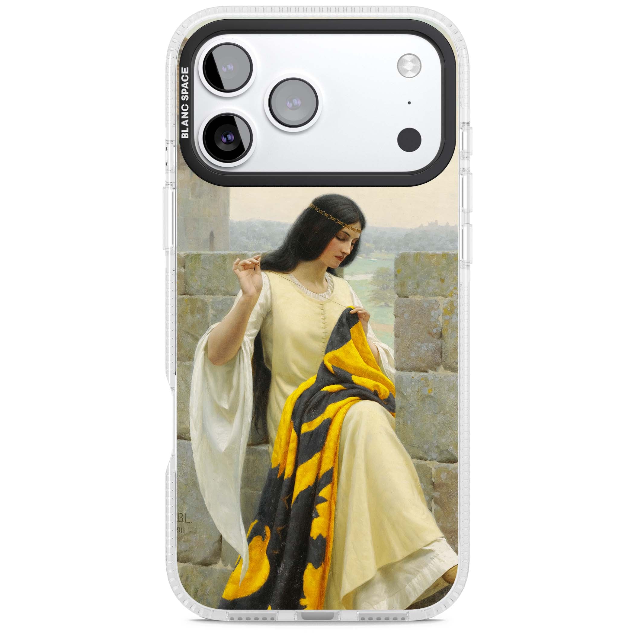 Stitching the Standard renaissance art iPhone case featuring a medieval lady sewing a golden banner on a castle wall | Clear Case Impact Air case for iPhone 17 Pro, iPhone 17 Pro Max