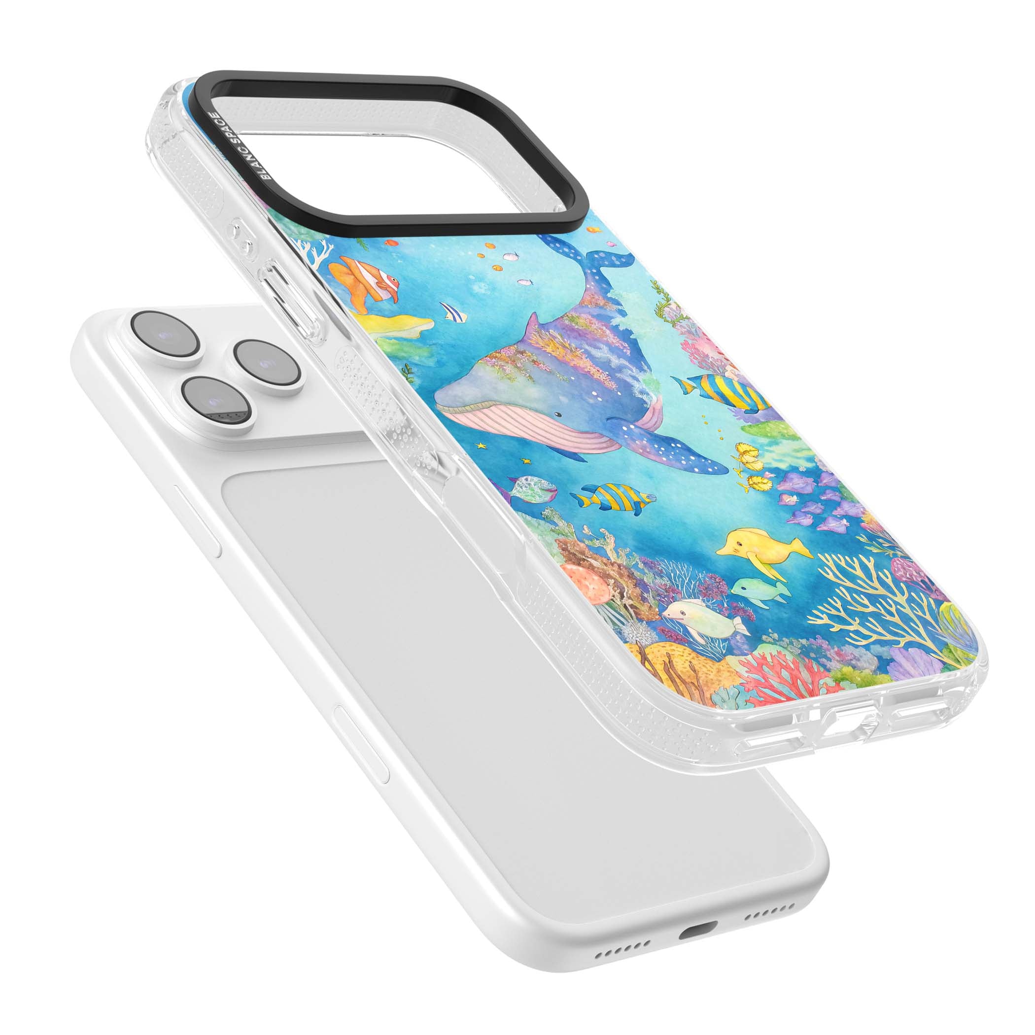 Coral Lagoon ocean iPhone case featuring a watercolour whale, coral reef and tropical fish | Clear Case Impact Air case for iPhone 17 Pro, iPhone 17 Pro Max