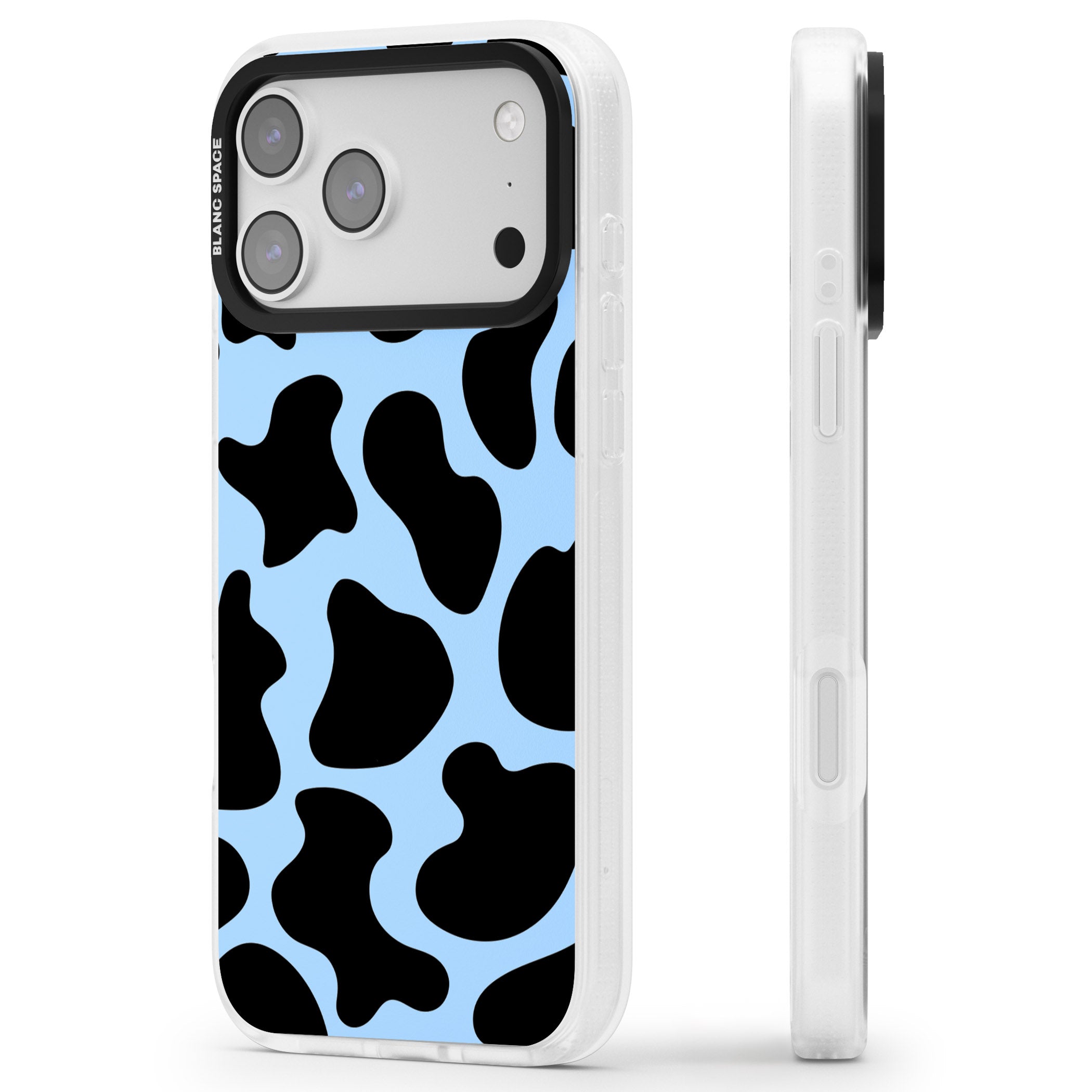 Blue And Black Cow Print iPhone 17 Pro Impact Air Clear Phone Case Side Profile
