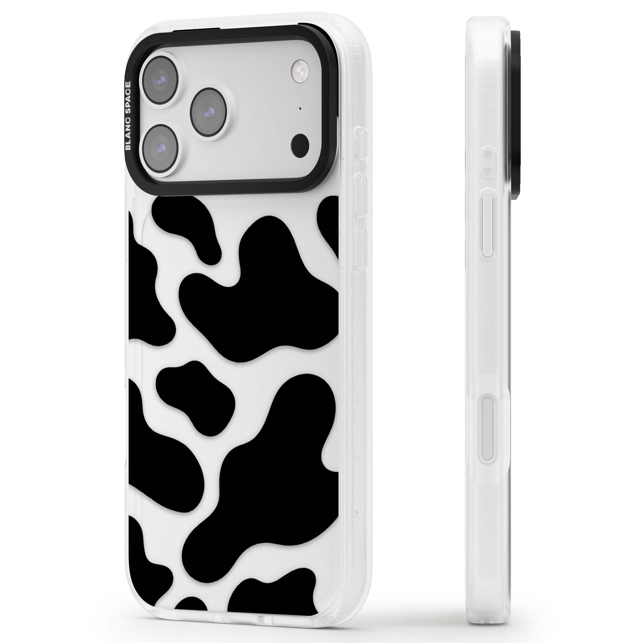 Clear Cow Print cow print iPhone case featuring black and white cow pattern splotches on a clear background | Clear Case Impact Air case for iPhone 17 Pro, iPhone 17 Pro Max