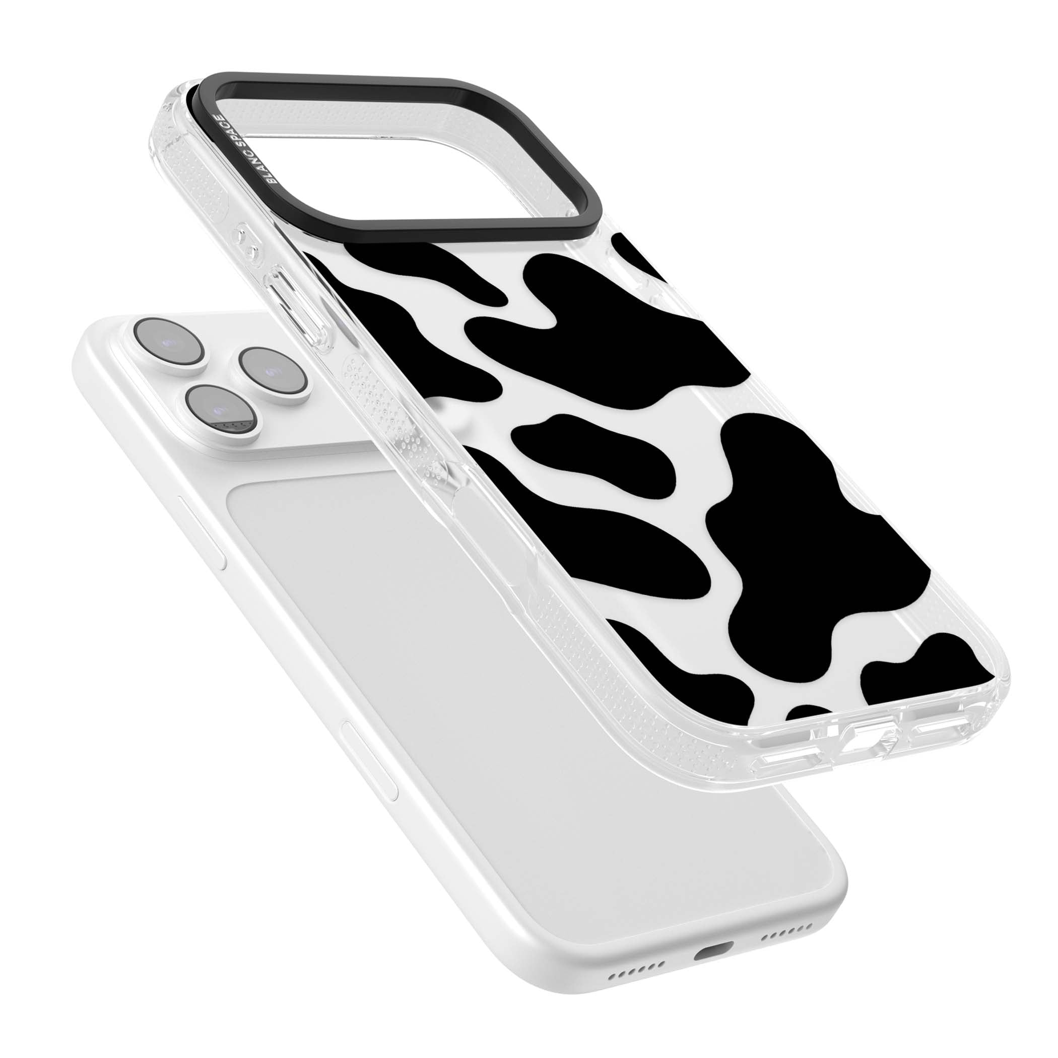 Clear Cow Print cow print iPhone case featuring black and white cow pattern splotches on a clear background | Clear Case Impact Air case for iPhone 17 Pro, iPhone 17 Pro Max