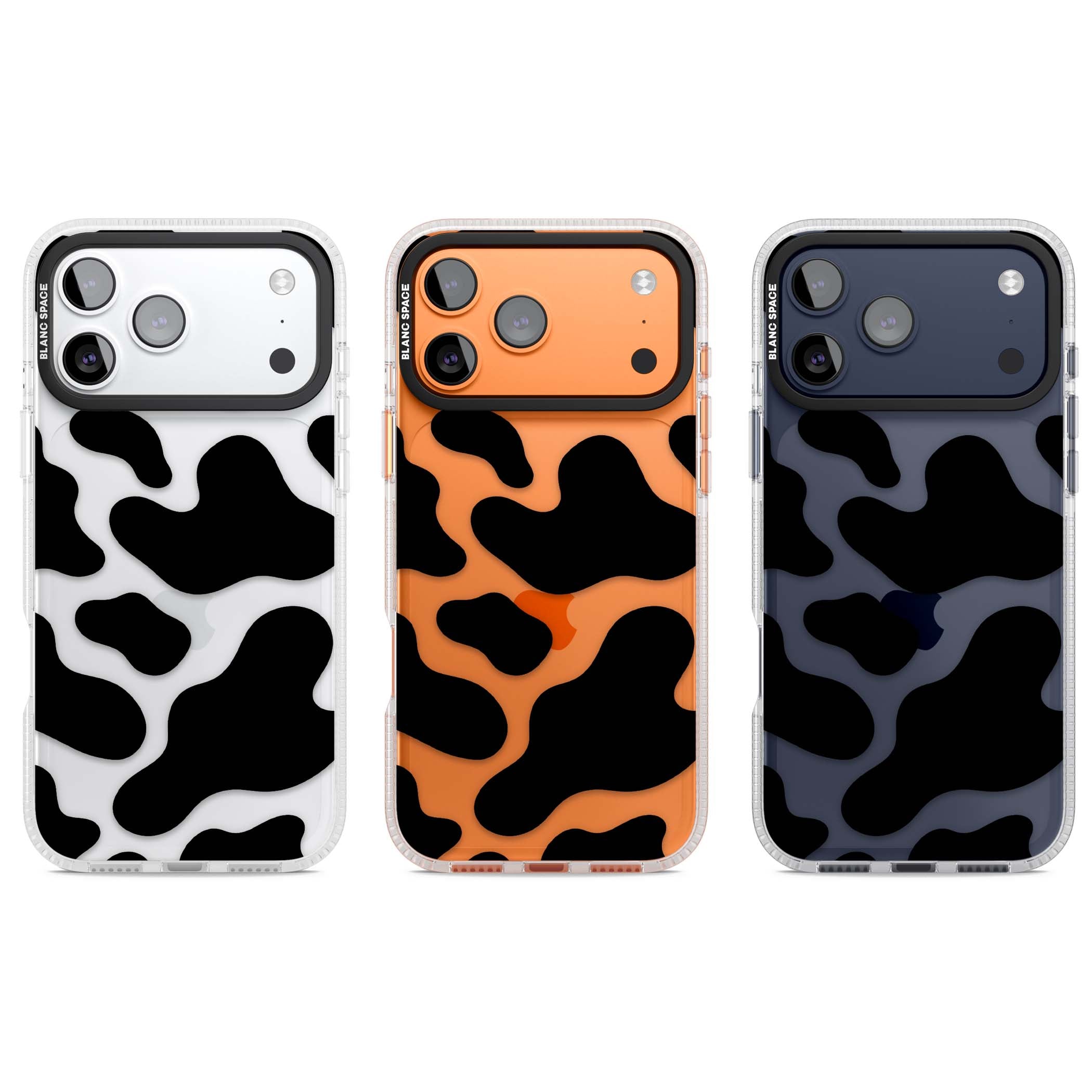 Clear Cow Print cow print iPhone case featuring black and white cow pattern splotches on a clear background | Clear Case Impact Air case for iPhone 17 Pro, iPhone 17 Pro Max