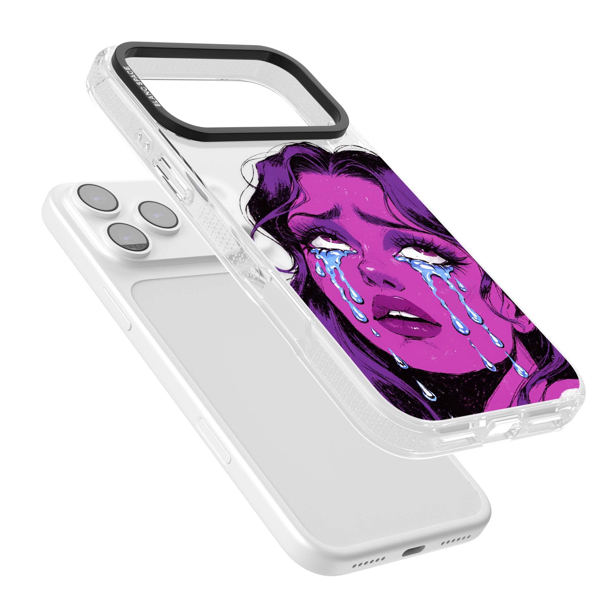 Drama Queen pop art iPhone case featuring a purple crying comic girl with blue tears | Clear Case Impact Air case for iPhone 17 Pro, iPhone 17 Pro Max