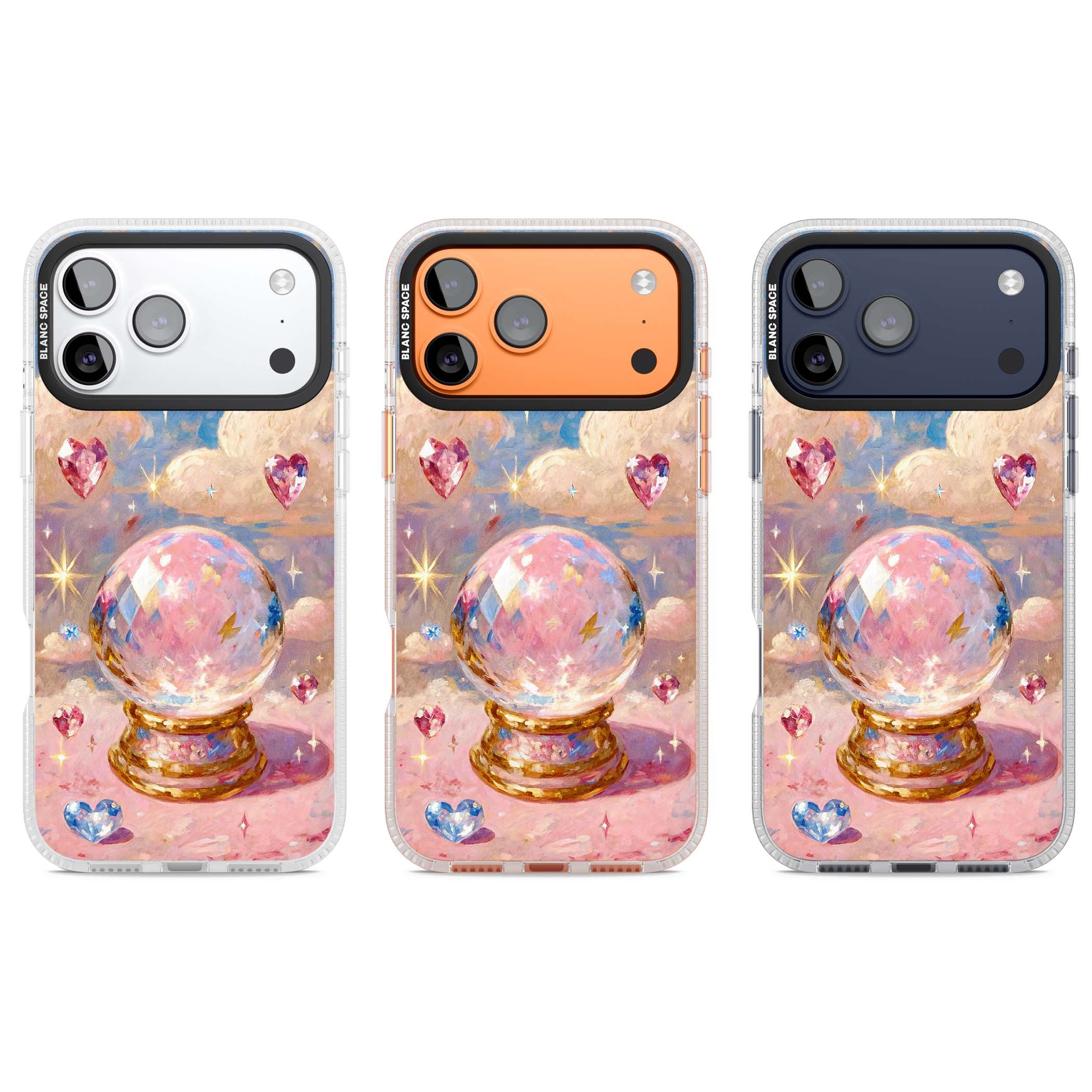 Crystal Ball fairycore iPhone case featuring a painted crystal ball, heart gemstones, and pastel clouds | Clear Case Impact Air case for iPhone 17 Pro, iPhone 17 Pro Max