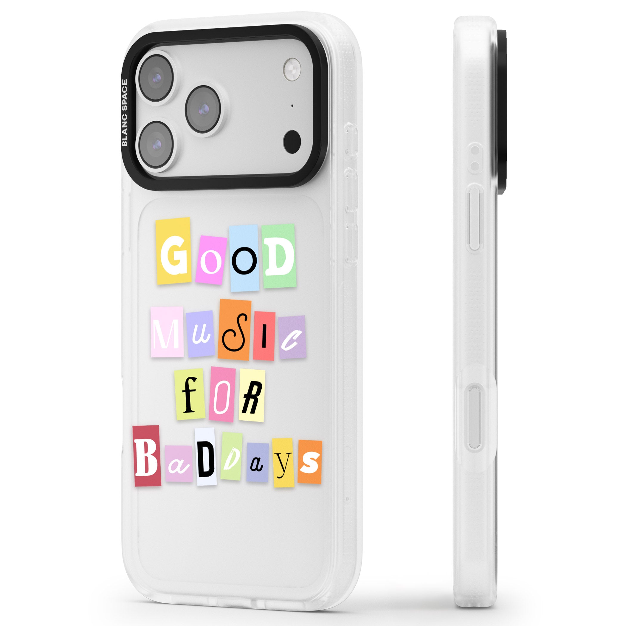 Good Music For Bad Days iPhone 17 Pro Impact Air Clear Phone Case Side Profile