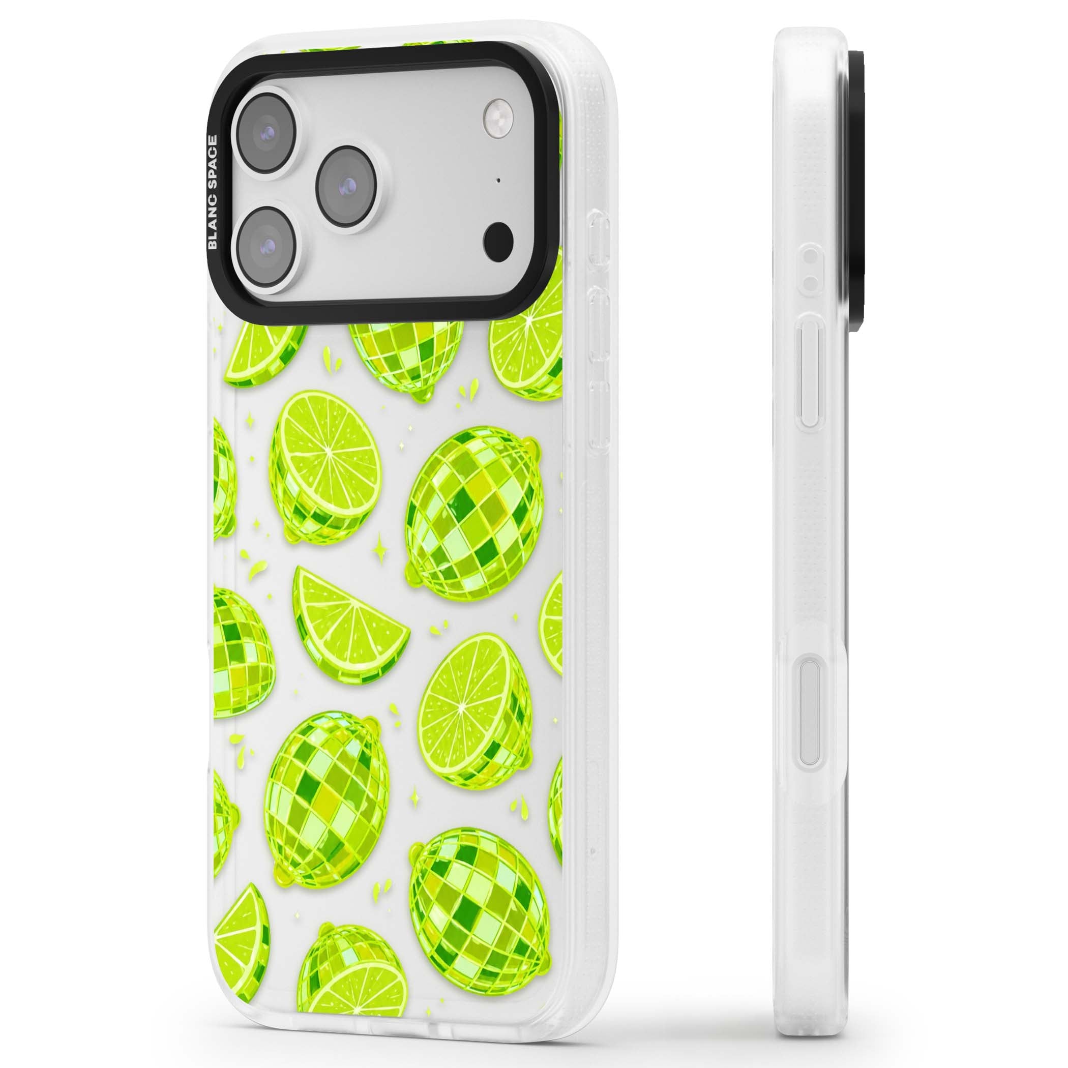 Disco Limes fruit aesthetic iPhone case featuring green disco balls, lime slices and citrus sparkles | Clear Case Impact Air case for iPhone 17 Pro, iPhone 17 Pro Max