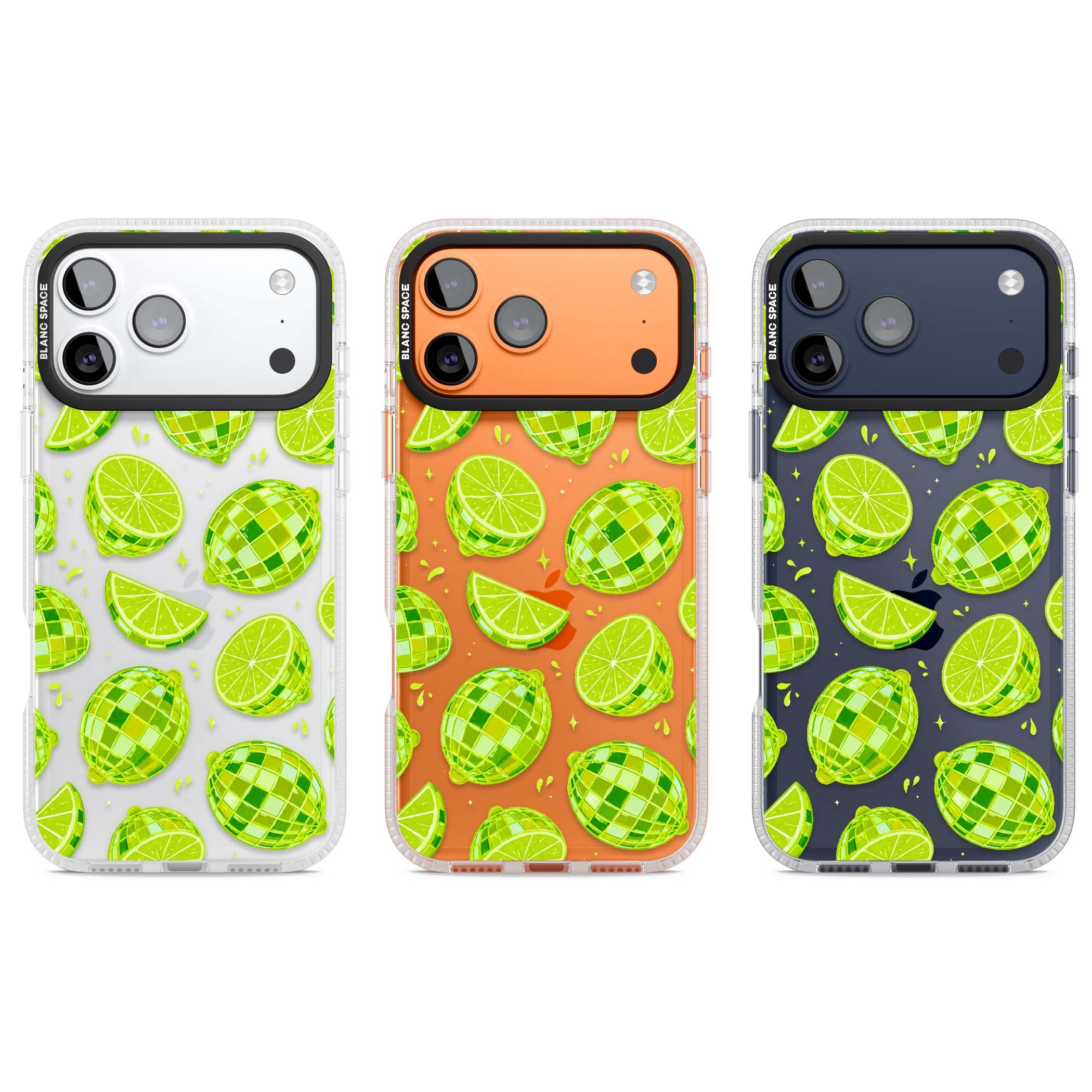 Disco Limes fruit aesthetic iPhone case featuring green disco balls, lime slices and citrus sparkles | Clear Case Impact Air case for iPhone 17 Pro, iPhone 17 Pro Max
