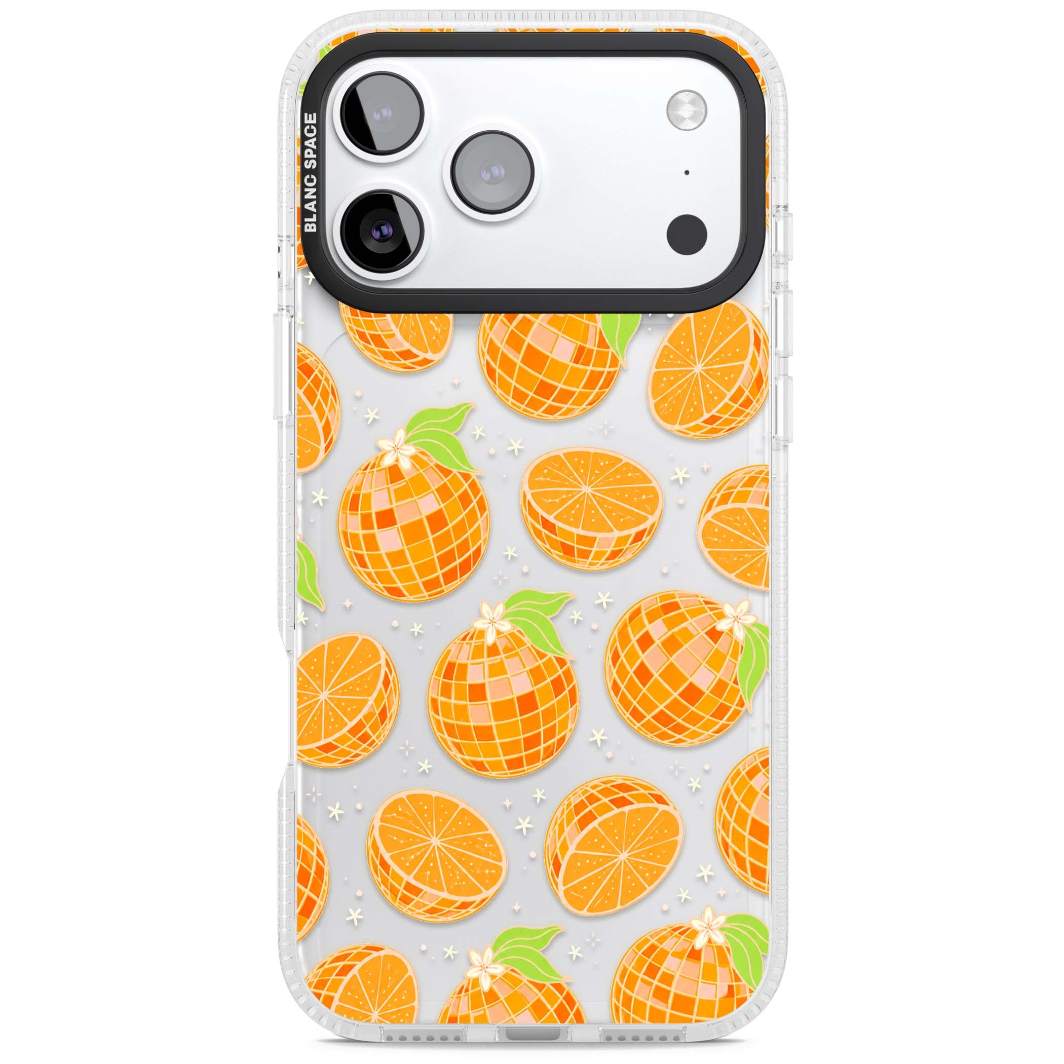Disco Oranges retro iPhone case featuring mirrorball oranges, citrus slices and tiny blossoms on clear | Clear Case Impact Air case for iPhone 17 Pro, iPhone 17 Pro Max