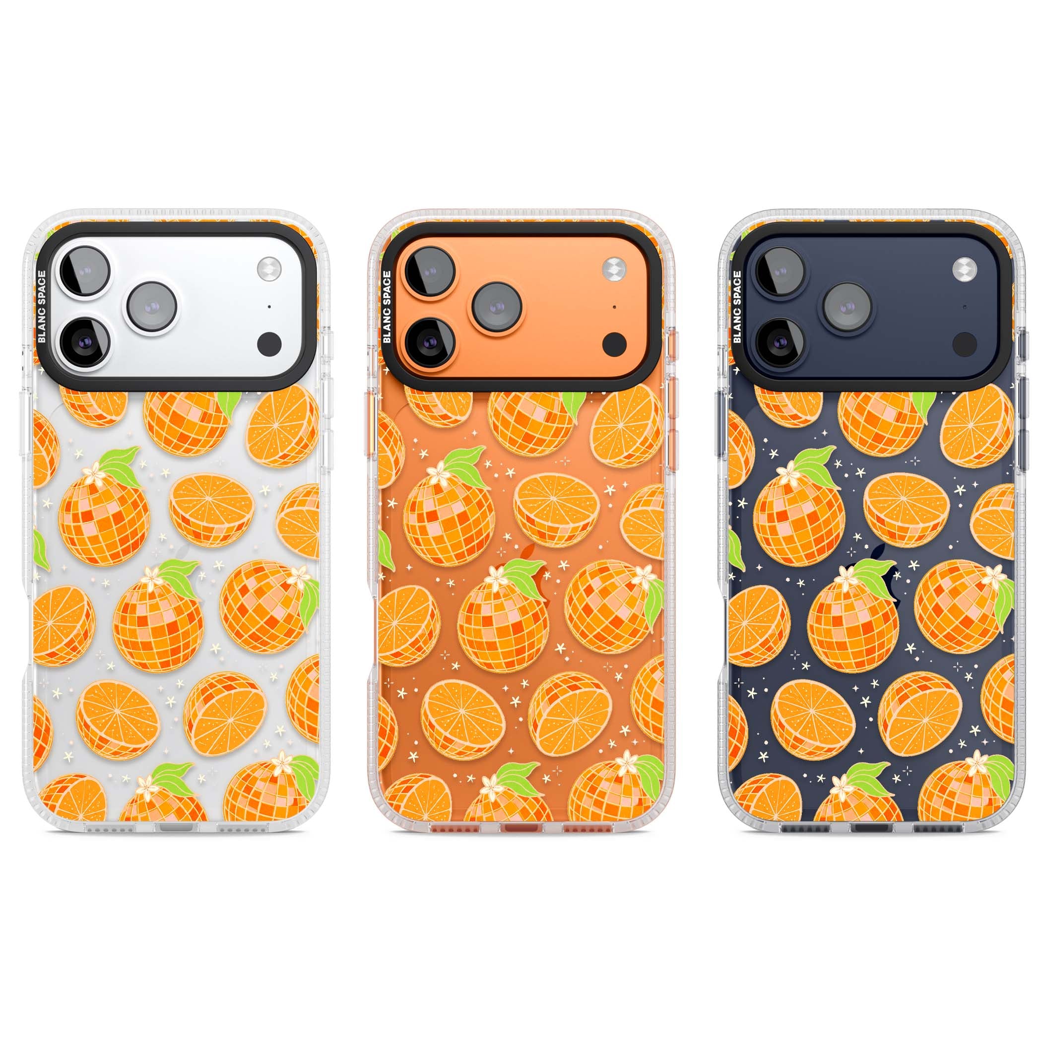 Disco Oranges retro iPhone case featuring mirrorball oranges, citrus slices and tiny blossoms on clear | Clear Case Impact Air case for iPhone 17 Pro, iPhone 17 Pro Max