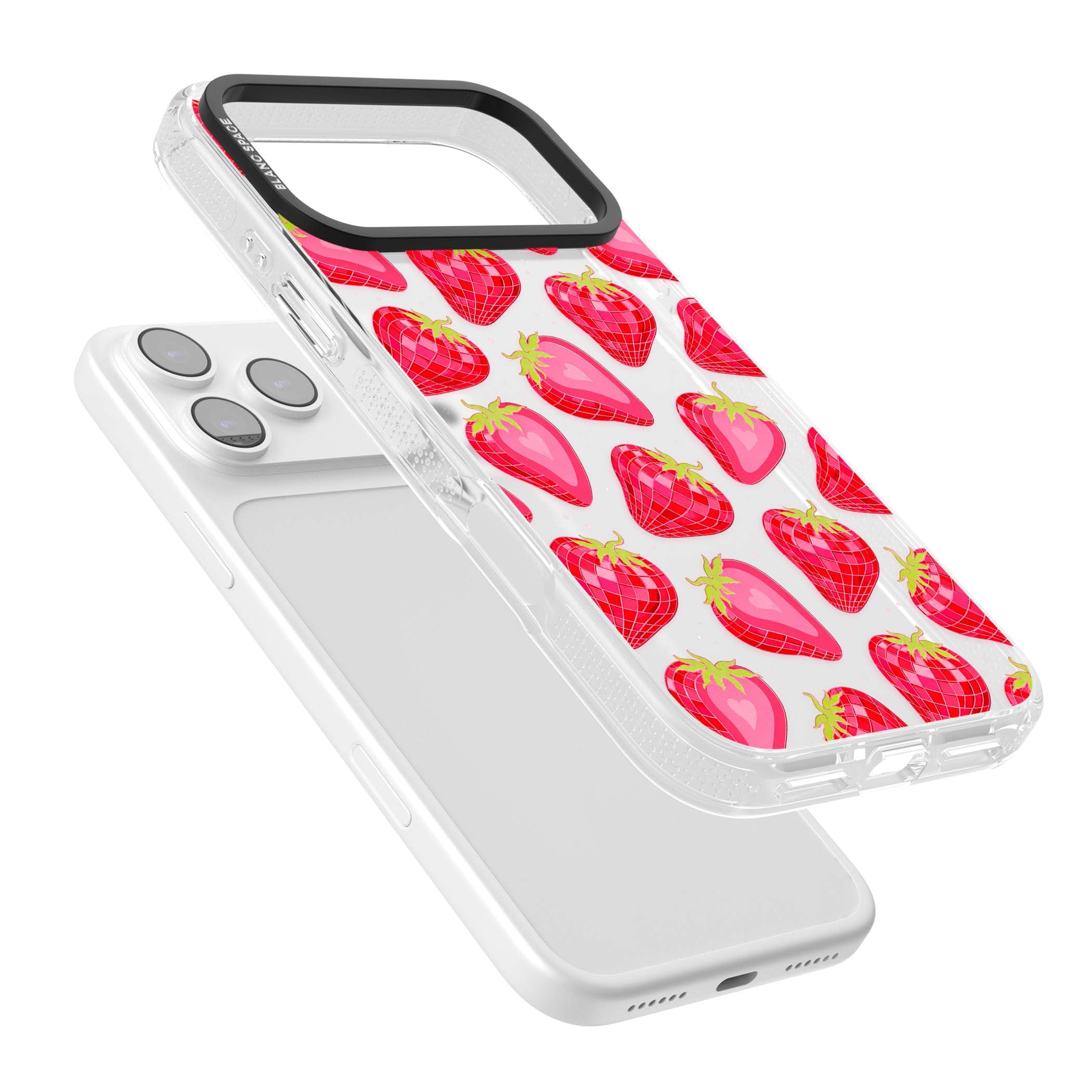 Disco Strawberry Y2K iPhone case featuring pink disco-ball strawberries, green leaves and tiny sparkles | Clear Case Impact Air case for iPhone 17 Pro, iPhone 17 Pro Max