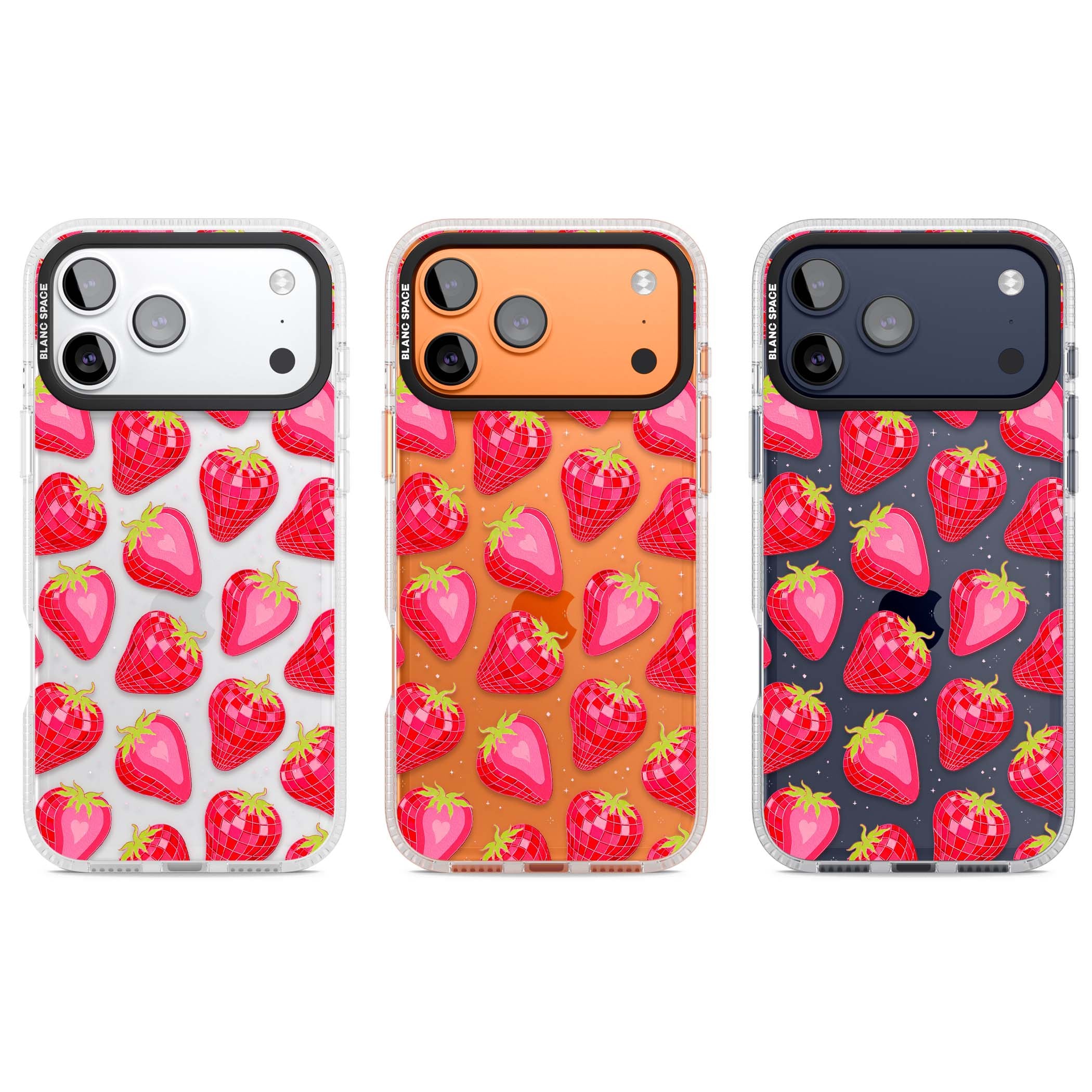 Disco Strawberry Y2K iPhone case featuring pink disco-ball strawberries, green leaves and tiny sparkles | Clear Case Impact Air case for iPhone 17 Pro, iPhone 17 Pro Max