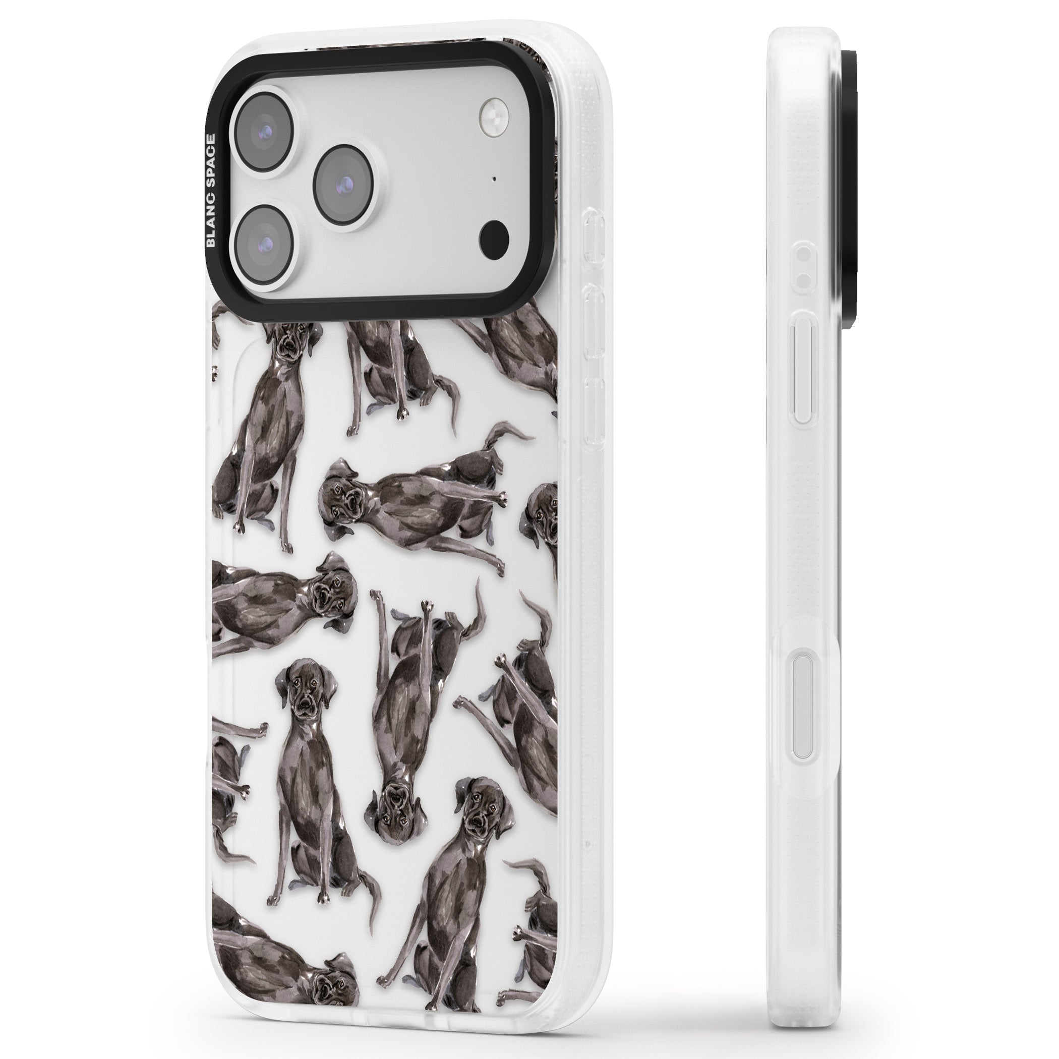 Black Labrador Watercolor Pattern iPhone 17 Pro Impact Air Clear Phone Case Side Profile