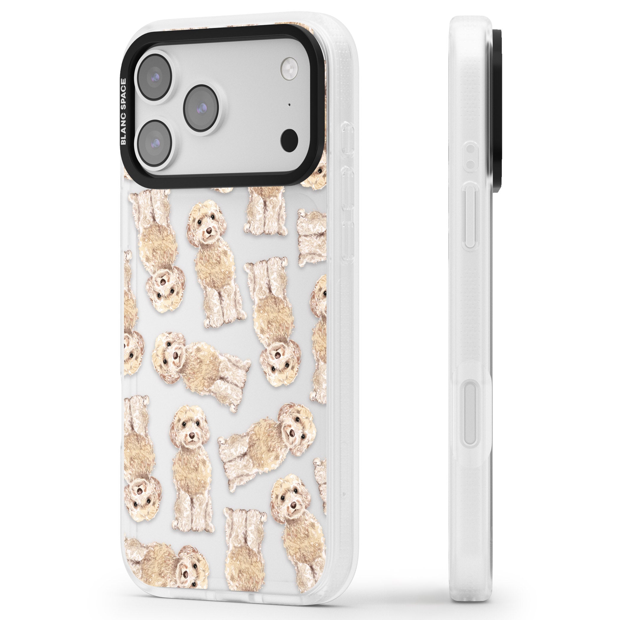 Cockapoo Patterned iPhone 17 Pro Impact Air Clear Phone Case Side Profile