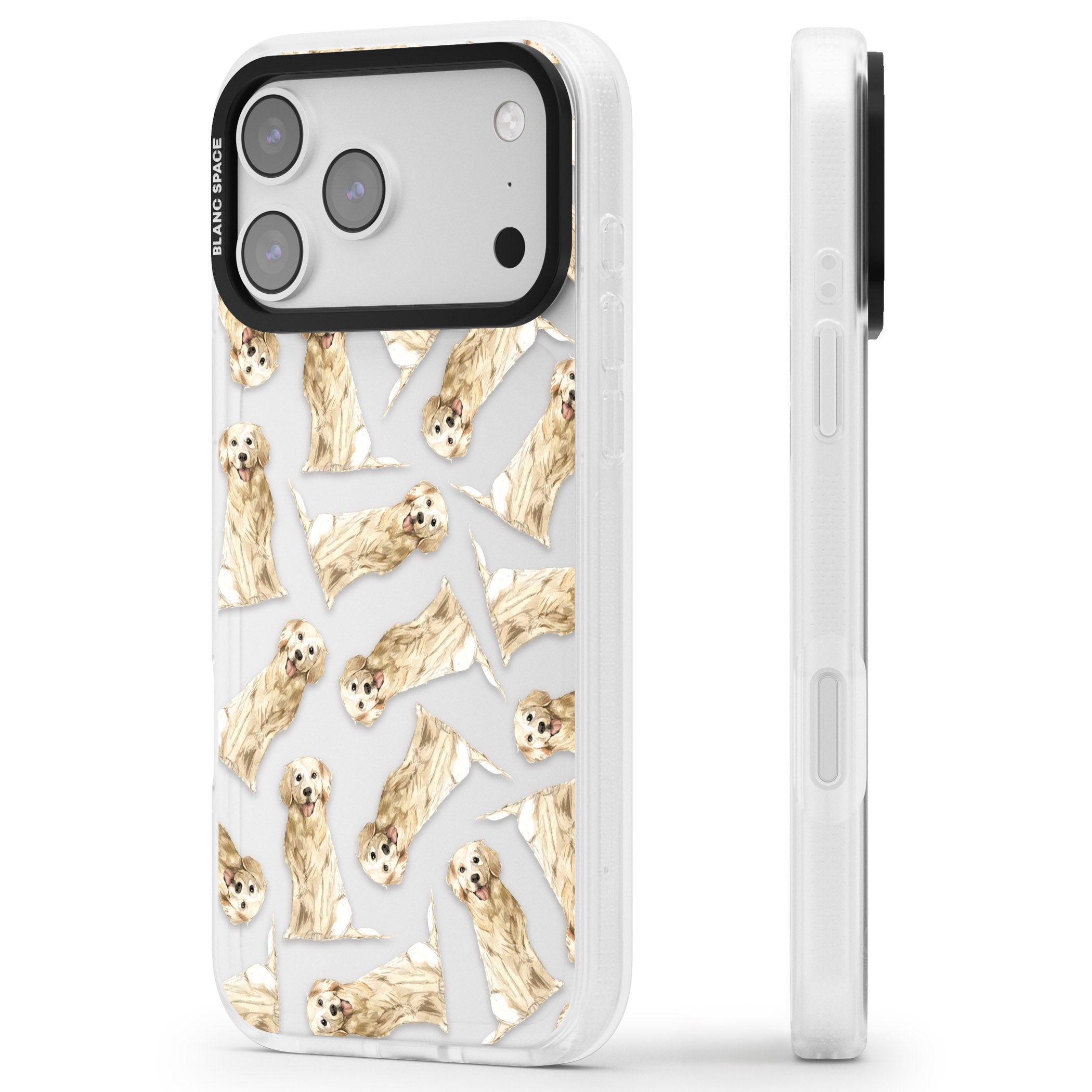 Golden Retriever Watercolor Pattern iPhone 17 Pro Impact Air Clear Phone Case Side Profile