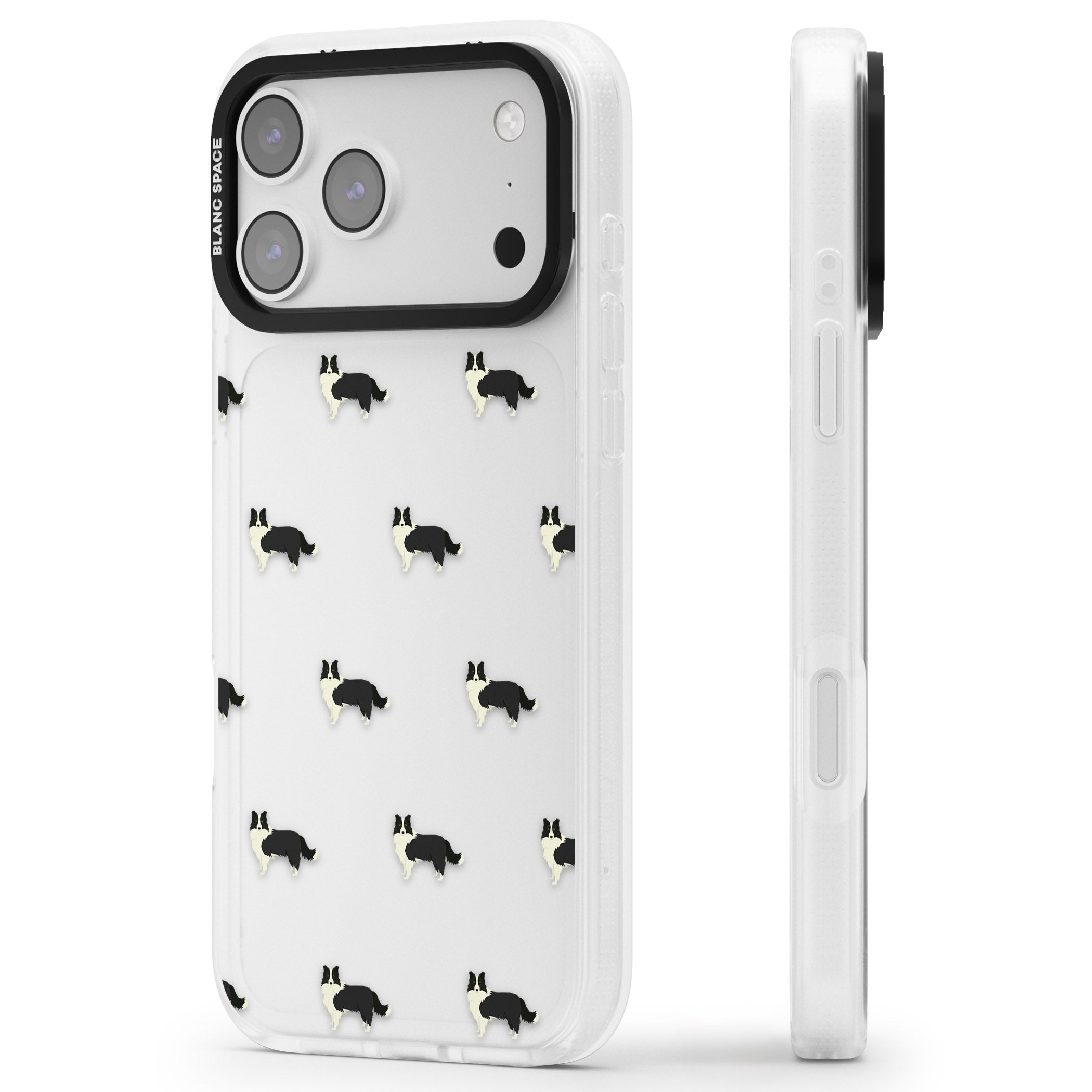Border Collie Pattern Clear iPhone 17 Pro Impact Air Clear Phone Case Side Profile