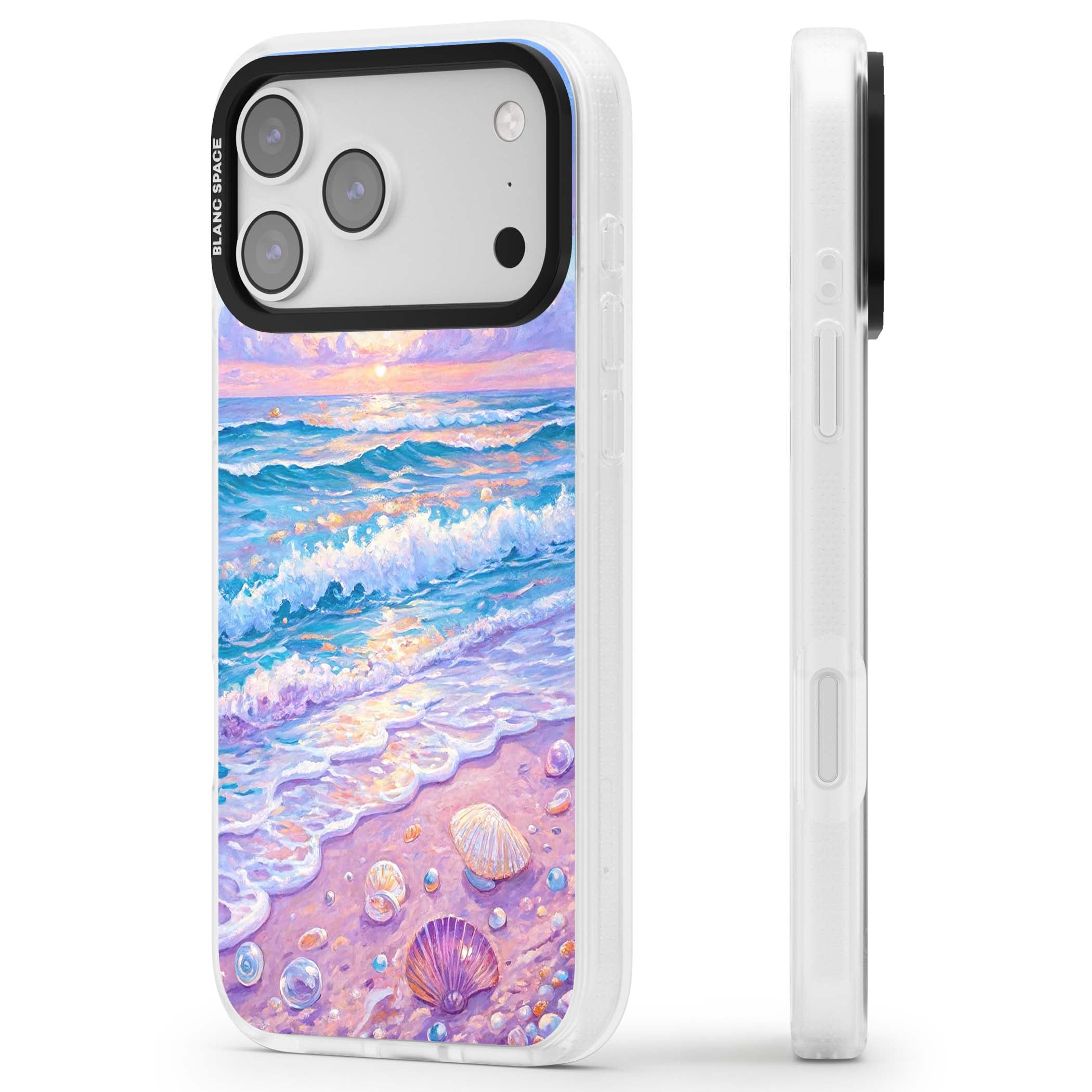Pearl Shore coastal iPhone case featuring pastel painted waves, seashells, and a sunrise sky over a lavender beach. | Clear Case Impact Air case for iPhone 17 Pro, iPhone 17 Pro Max