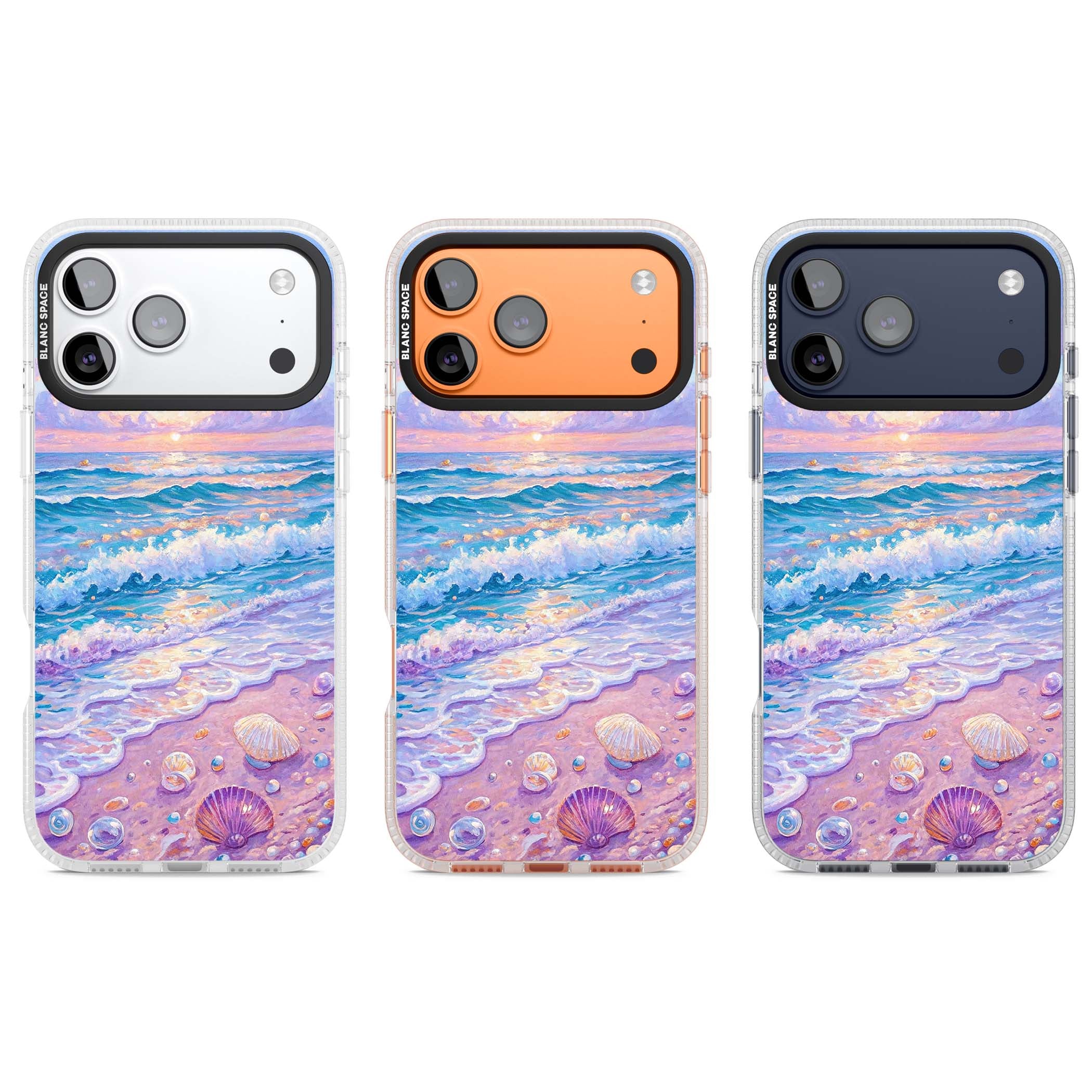 Pearl Shore coastal iPhone case featuring pastel painted waves, seashells, and a sunrise sky over a lavender beach. | Clear Case Impact Air case for iPhone 17 Pro, iPhone 17 Pro Max