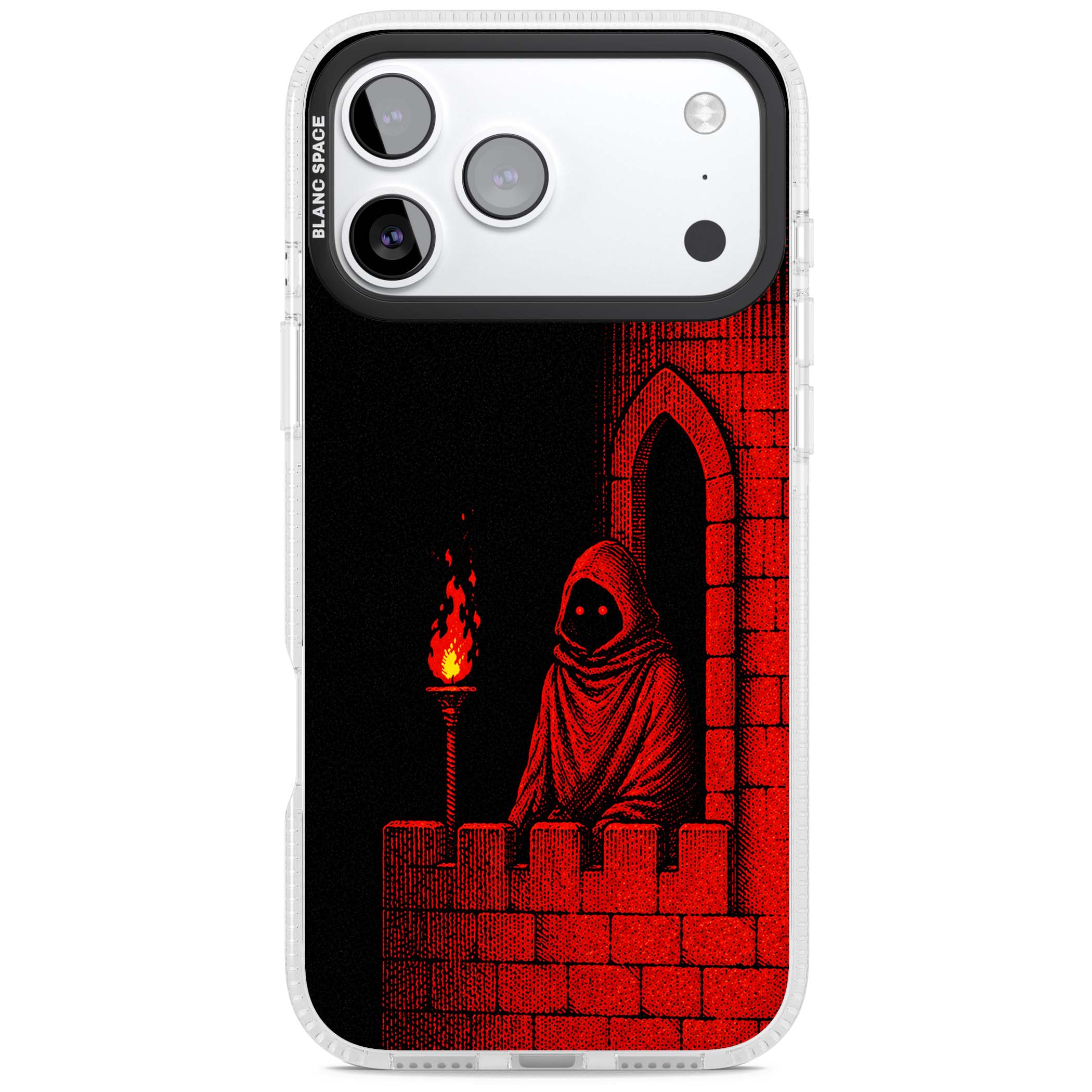 Crimson Crypt gothic iPhone case featuring a hooded reaper, torchlit crypt archway and red halftone horror art | Clear Case Impact Air case for iPhone 17 Pro, iPhone 17 Pro Max