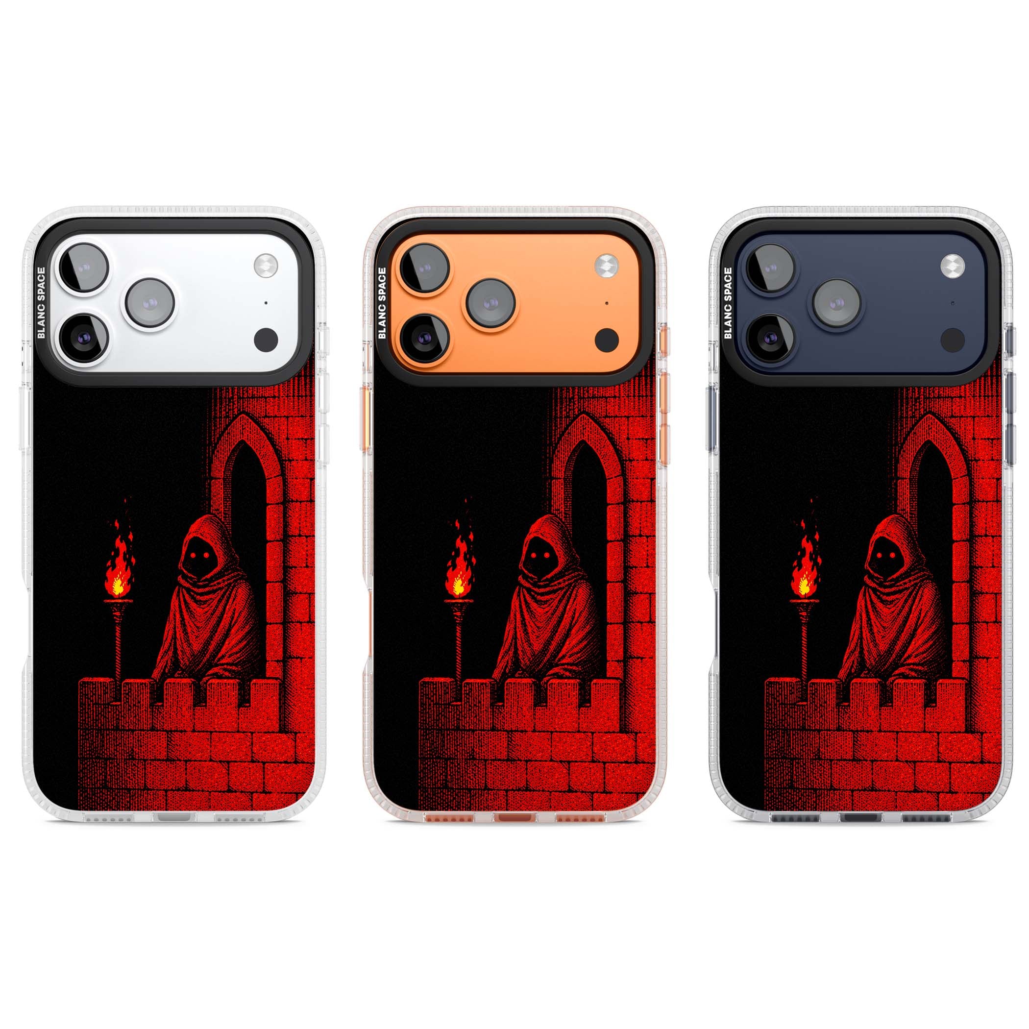 Crimson Crypt gothic iPhone case featuring a hooded reaper, torchlit crypt archway and red halftone horror art | Clear Case Impact Air case for iPhone 17 Pro, iPhone 17 Pro Max