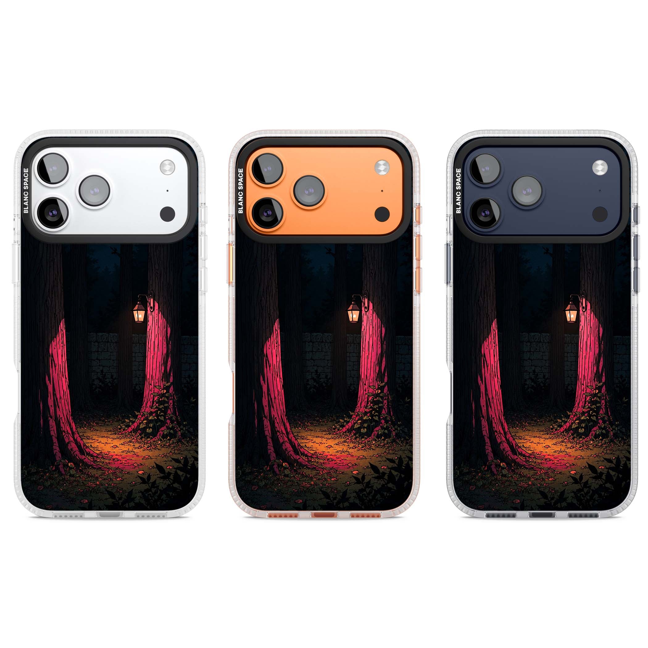 Forest Lantern dark academia iPhone case featuring a moonlit forest, glowing lantern, and stone wall pathway | Clear Case Impact Air case for iPhone 17 Pro, iPhone 17 Pro Max