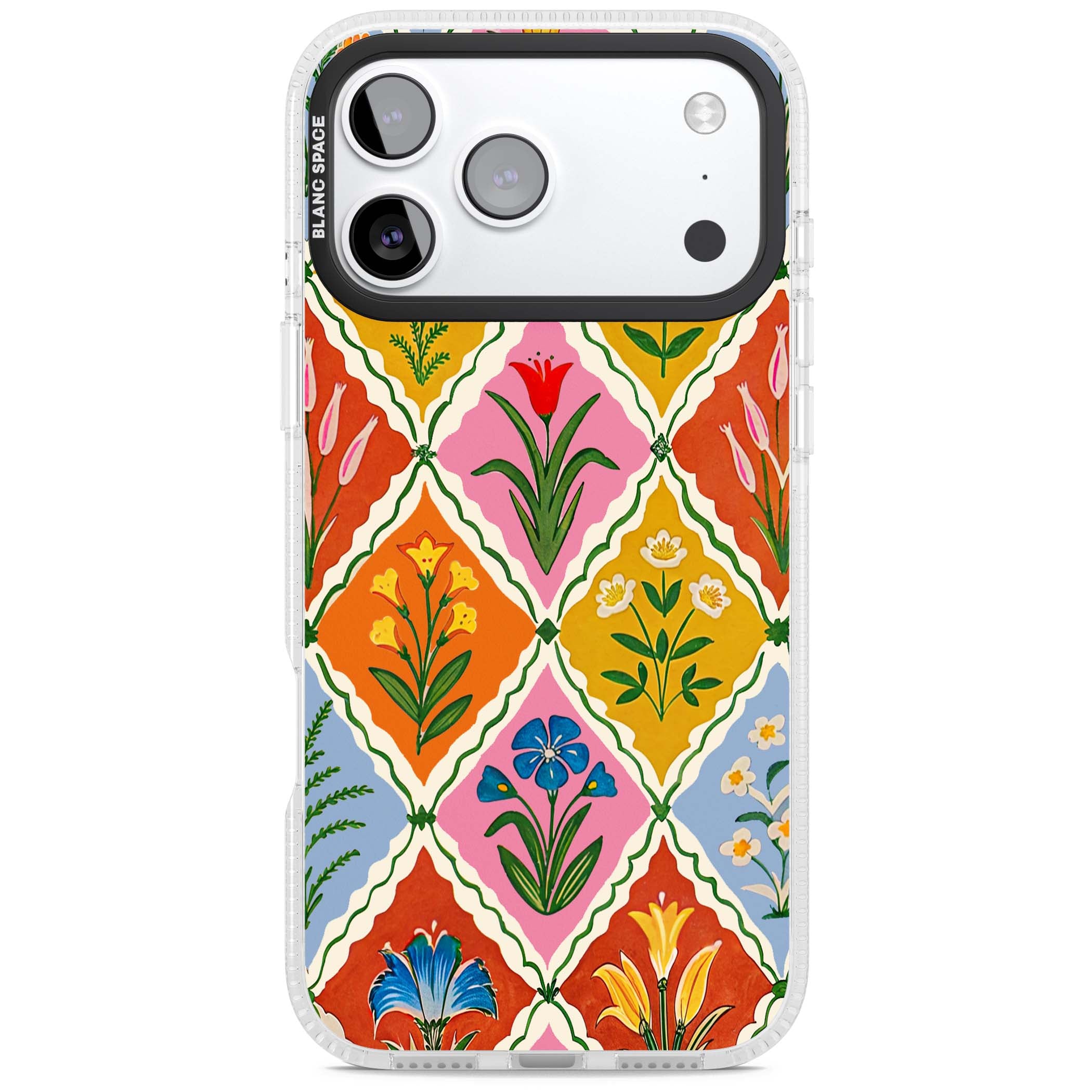 Floral Quilt boho floral iPhone case featuring diamond lattice pattern, hand-painted tulips and folk art wildflowers | Clear Case Impact Air case for iPhone 17 Pro, iPhone 17 Pro Max